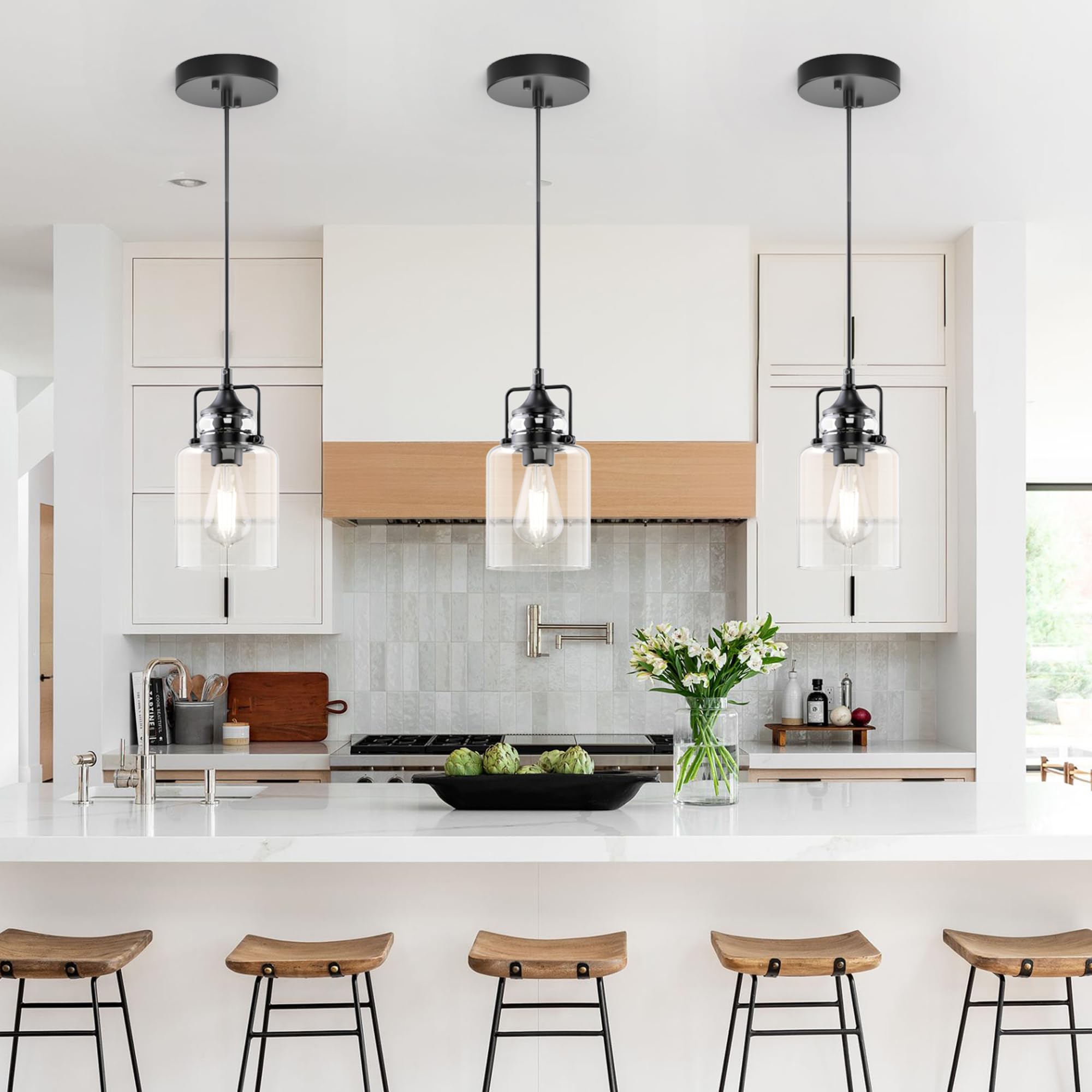 hansang 3 Pack Pendant Lights for Kitchen Island, Modern Black Hanging Light Fixture, 47Inches Island Lights, Adjustable Rope, F