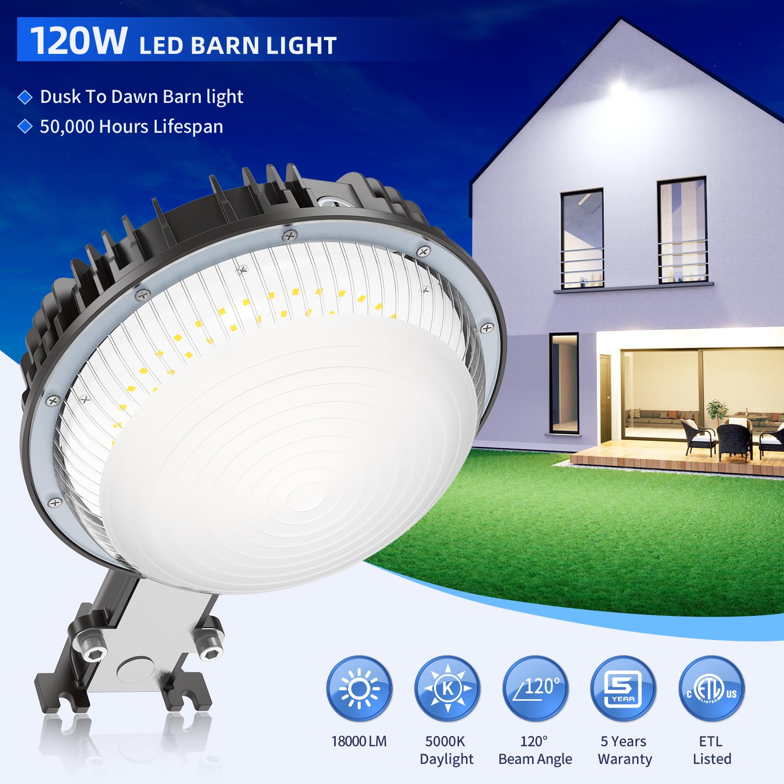 NUOGUAN 120W LED Barn Light, 18000LM, Dusk to Dawn Photocell, ETL Listed, 5000K Daylight, IP65 Waterproof, for Garage