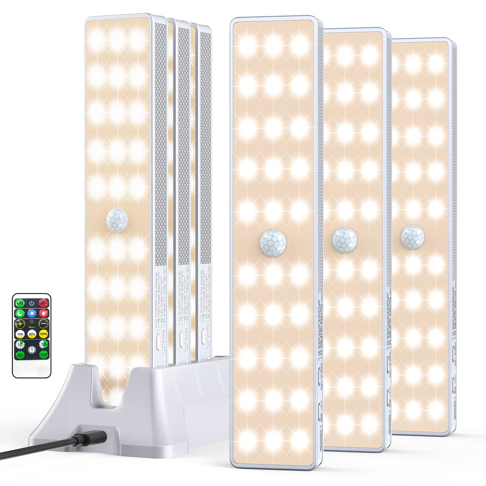 LED Closet Light with Charging Station, 6 Pcs 30LEDs Rechargeable Motion Sensor Under Cabinet Lighting with Remote Control, Wireless Stick-Anywhere Night Safe Light Bar for Wardrobe,Kitchen-Warm White