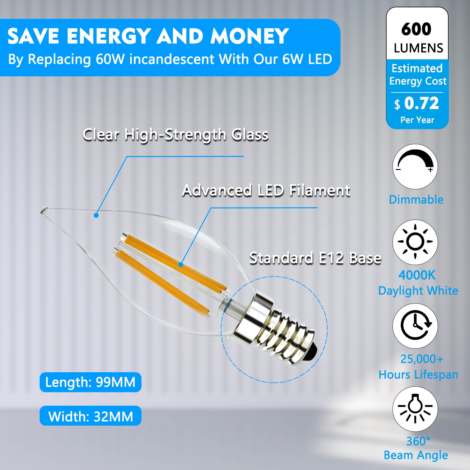 Loniuto Led Light Bulbs 60 Watt Equivalent, 6 Pack Vintage Led Flame Tip Candelabra Bulb, E12 Led Bulb Dimmable 4000K Daylight,
