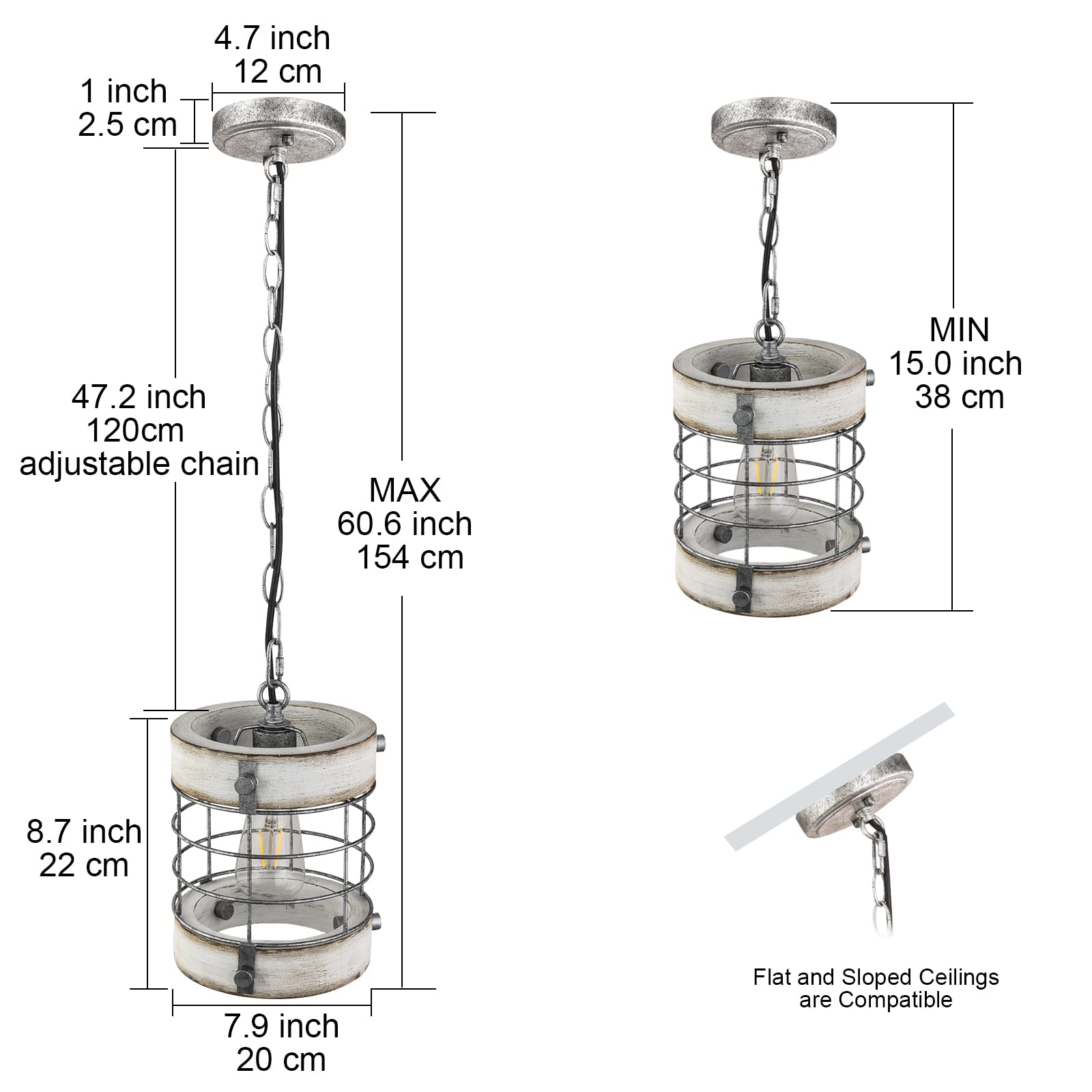wochos Retro Industrial Metal and Wood Chandelier, 1-Light Pendant Light Fixture for Kitchen Island, White, D 7.9" x H 8.7"