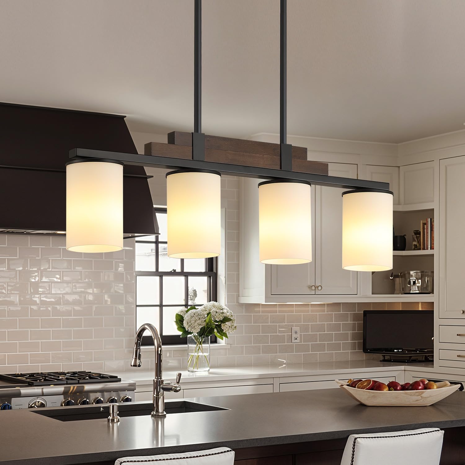 Farmhouse Wood Kitchen Island Lighting  3-Light Adjustable Chandelier for Dining Room  Milk Glass Shade Dining Room Light Fixture Over Table  Black Hanging Pendant Lights for Kitchen  Pool Table