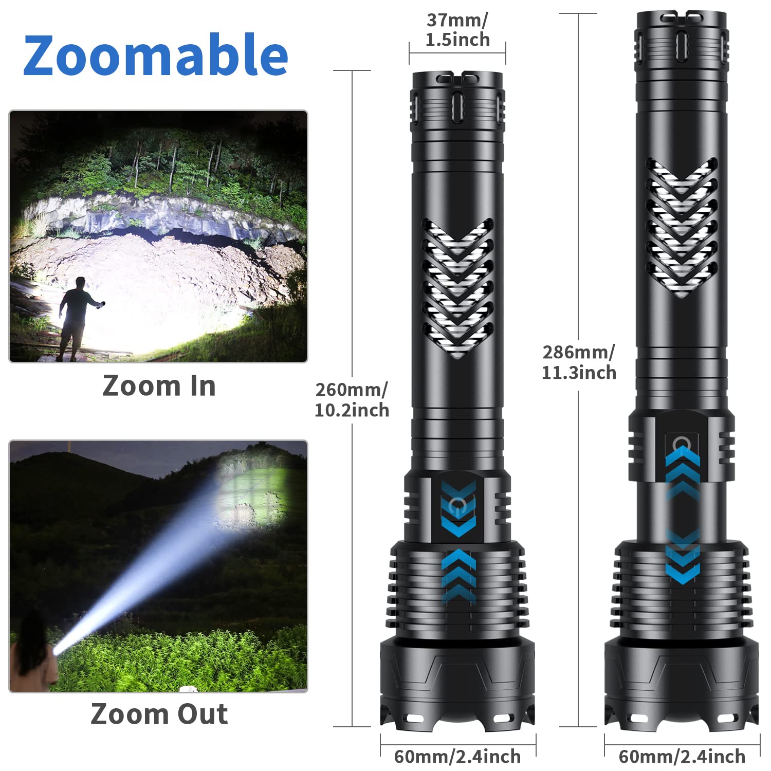 Weoxi LED Flashlight, 3600000 High Lumens, Rechargeable, Long Handle, 10000mAh, Zoomable, 5 Modes, Model XHP160-L