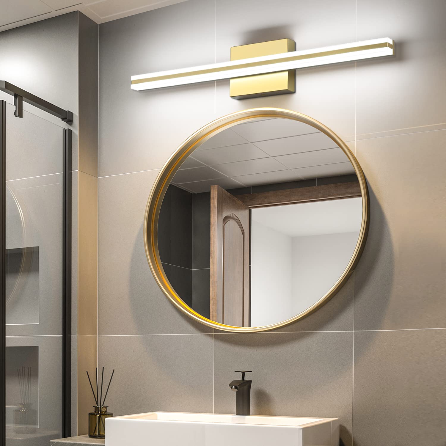 SOLFART Modern Bathroom Vanity Light Fixture Dimmable 24 Inch LED Gold Aluminum Over Mirror