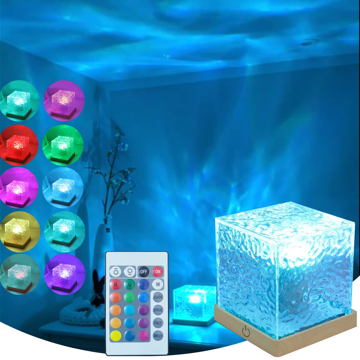 Baibaiba Ocean Lamp Water Light Projector - Water Ripple Projector Light Cube Aurora Northern Lights Wave Ripple Night Light For
