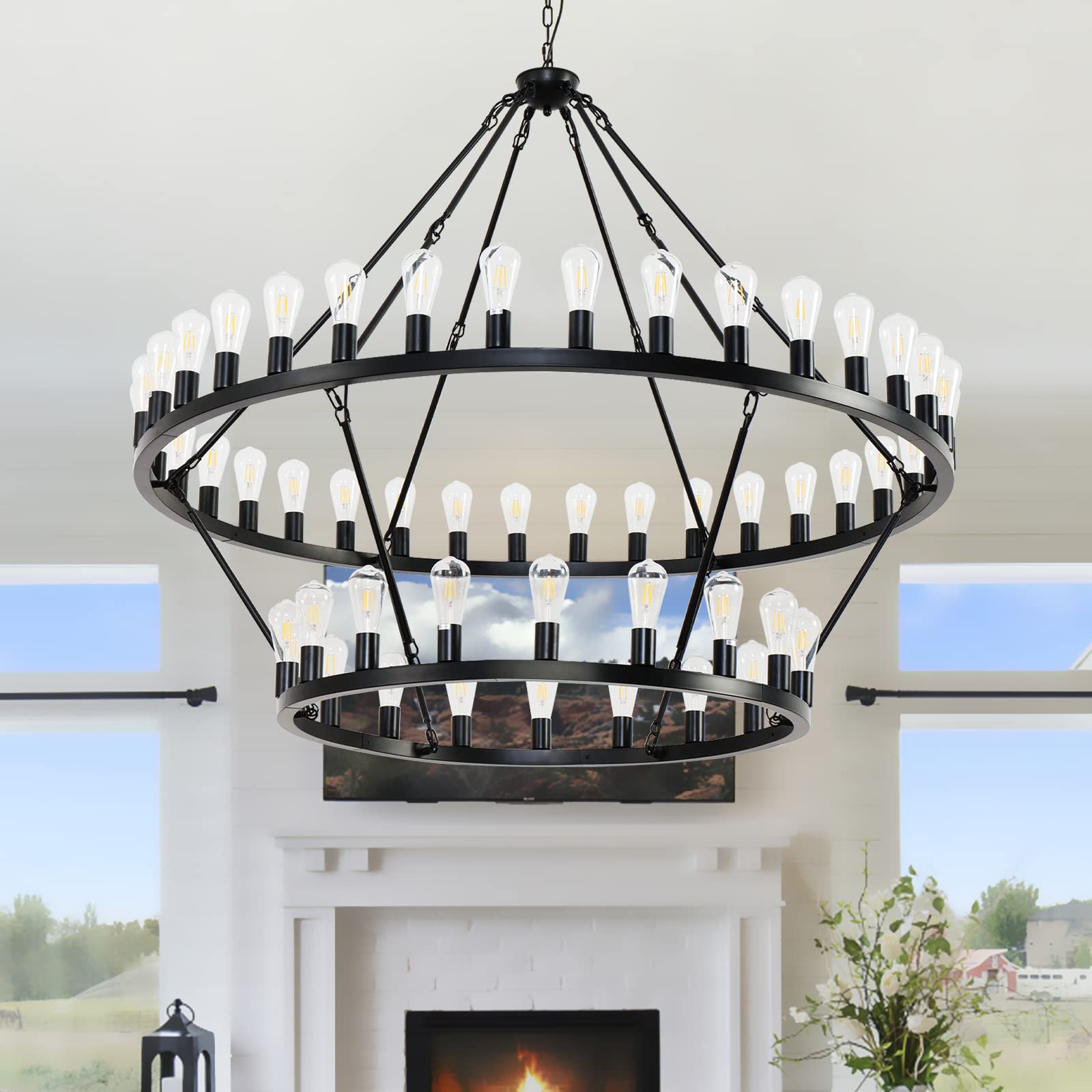 Viksroeo 60 Inch Black Extra Large Wagon Wheel Chandelier, 2 Tier 54-Lights Farmhouse Industrial Round High Ceiling Pendant Ligh