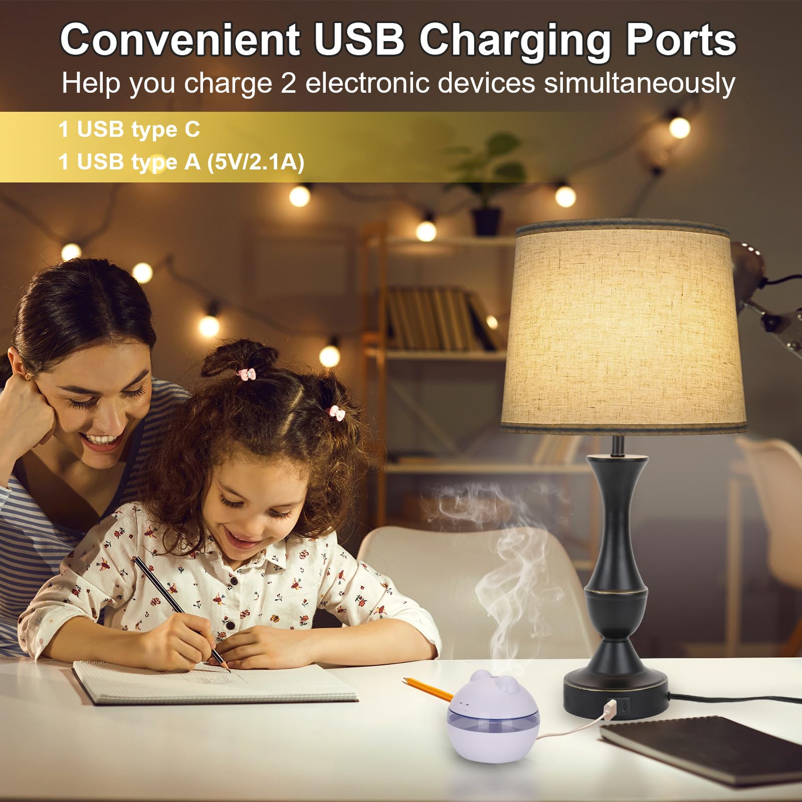 Touch Lamps For Bedrooms Set Of 2, Farmhouse Table Lamp With Usb C Charging Port, 3 Way Dimmable Nightstand Lamps With Linen Fab
