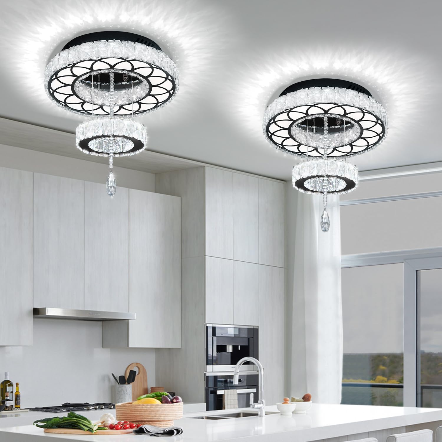 Flashing God Dia 16'' Crystal Small Chandelier Crystal Black Ceiling Light Fixtures LED Flush Mount Ceiling Light for Living Roo