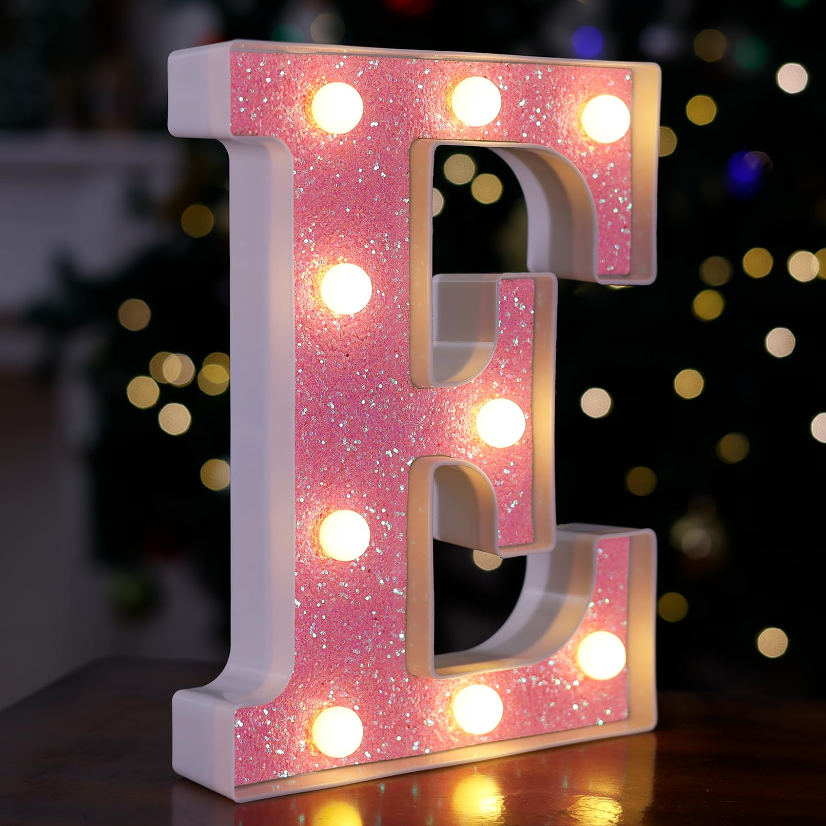 TRONSBOO LED Letter Light - Pink Glitter Marquee Sign, Battery Powered, 6.38in x 8.58in x 1.57in, Model Pink-Light-E, Ideal for