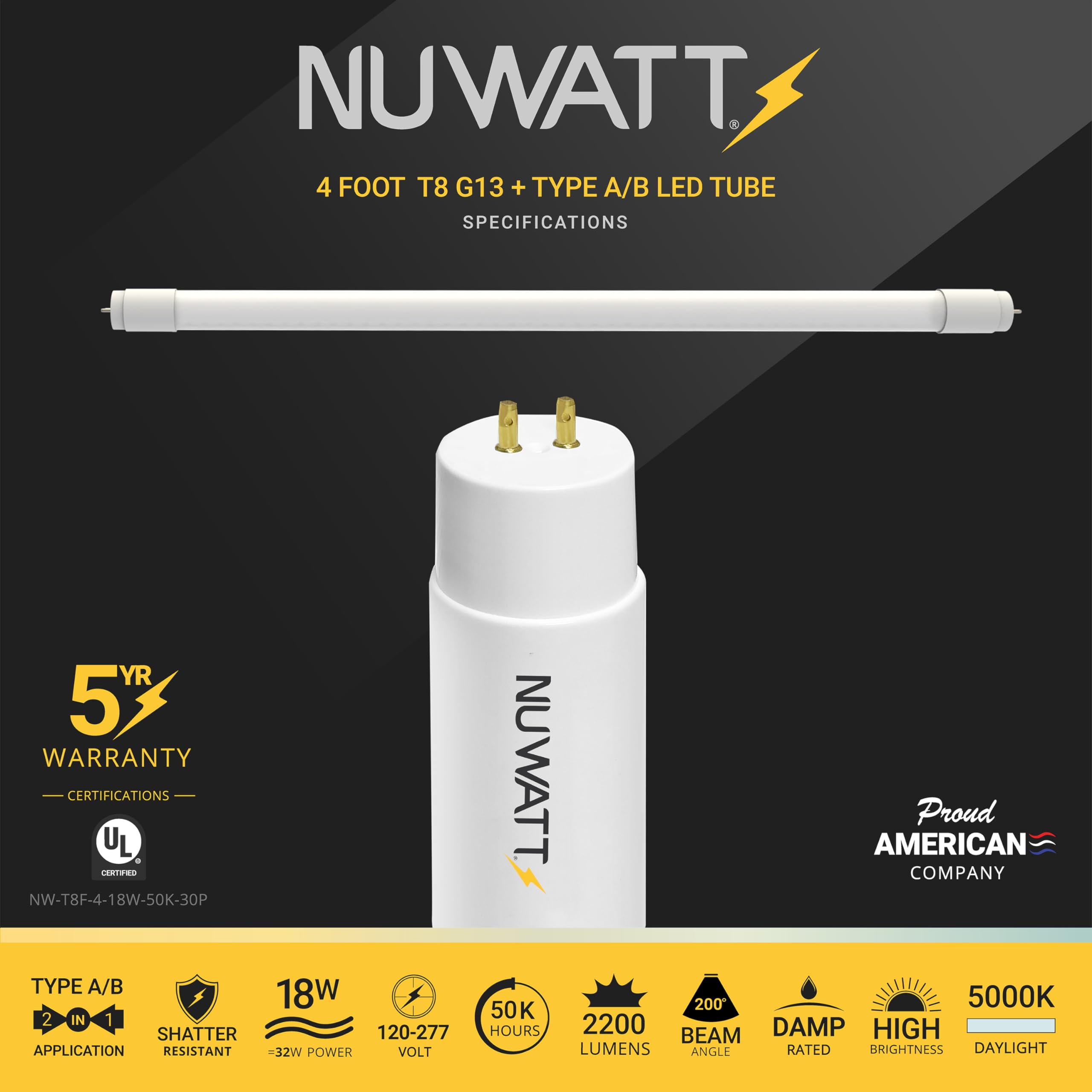 Nuwatt 30 Pack 4 Ft Led T8 Tube Light, T10 T12 Hybrid Type A+B, 5000K Daylight, 18W, High Brightness 2200 Lumens, Plug & Play Or