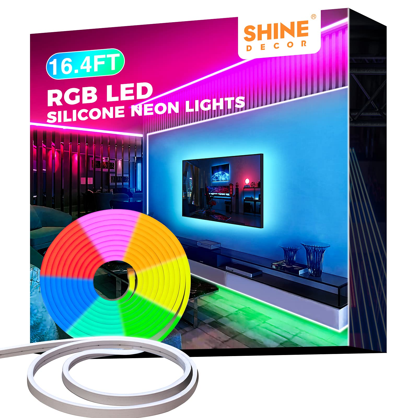 Shine Decor LED Neon Rope Lights 12V RGB Color Changing 16.4FT Flexible Silicone Strip Lighting MS-RGBNEON-5M