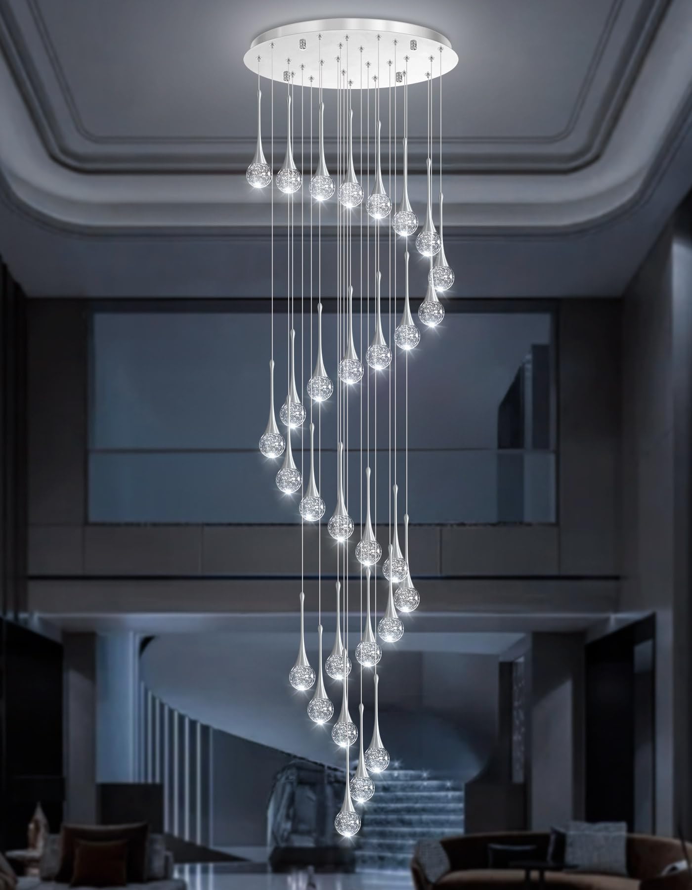 30 Light Modern Glam Crystal Chandelier For High Ceiling Led Dimmable Ceiling Pendant Light Staircase Foyer Enterway Living Room Chandelier Lighting Antique Silver