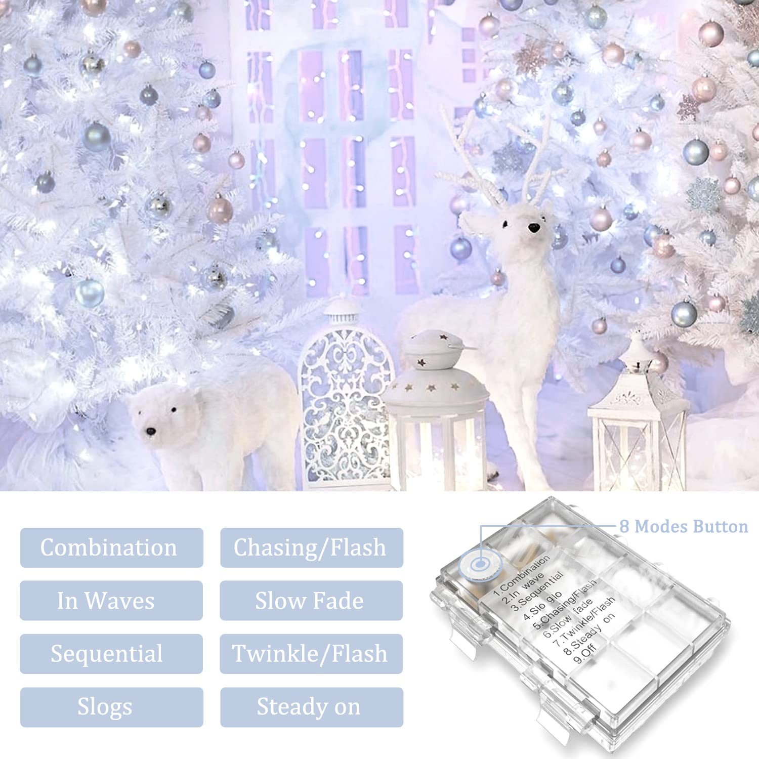 JMEXSUSS Battery Operated String Lights, 33ft, 100 LED, Waterproof, 8 Modes, Remote, Cool White, Indoor/Outdoor, Christmas, Wedding Decor