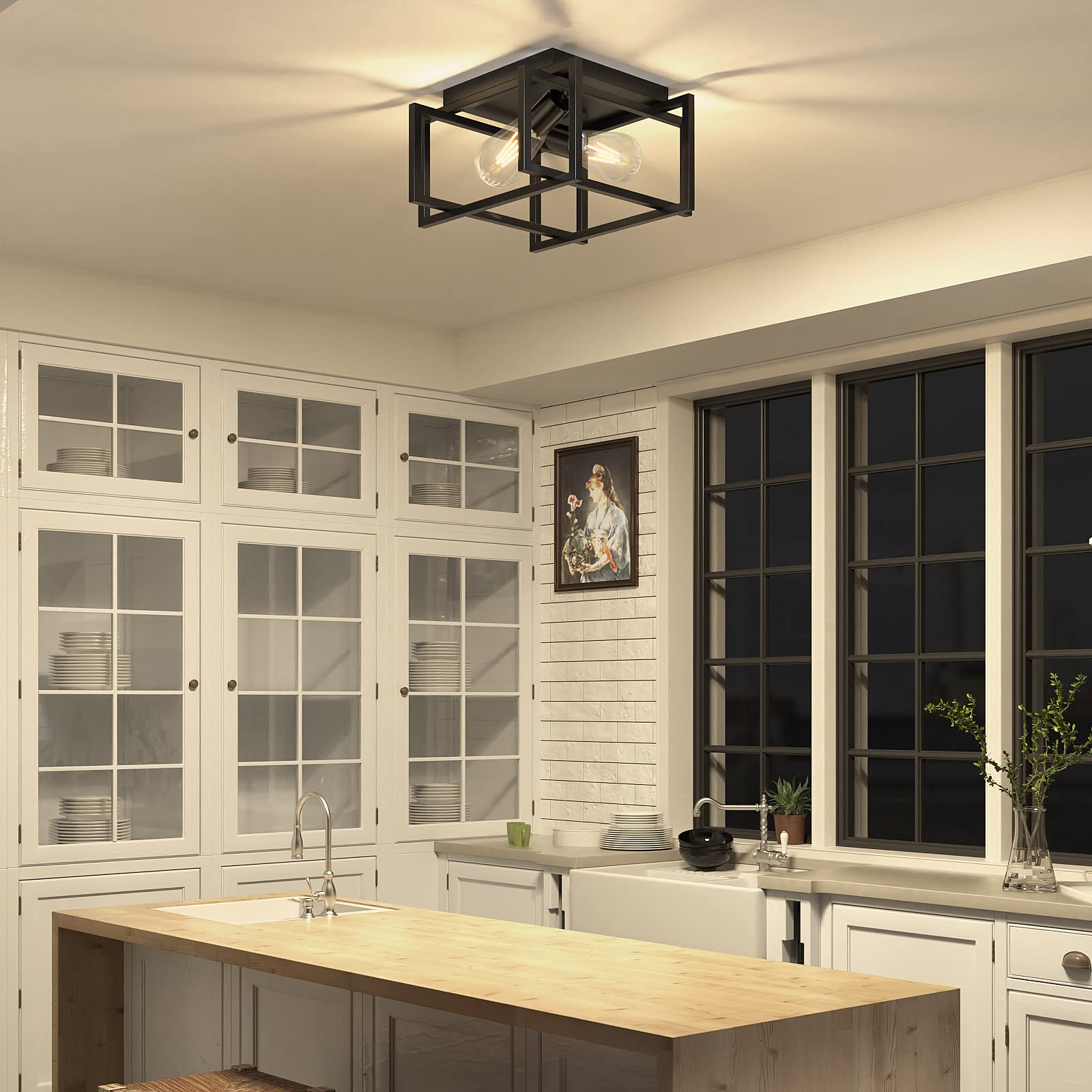 Feanron 2-Pack Industrial Black Metal Flush Mount Ceiling Light Fixture For Hallway & Kitchen