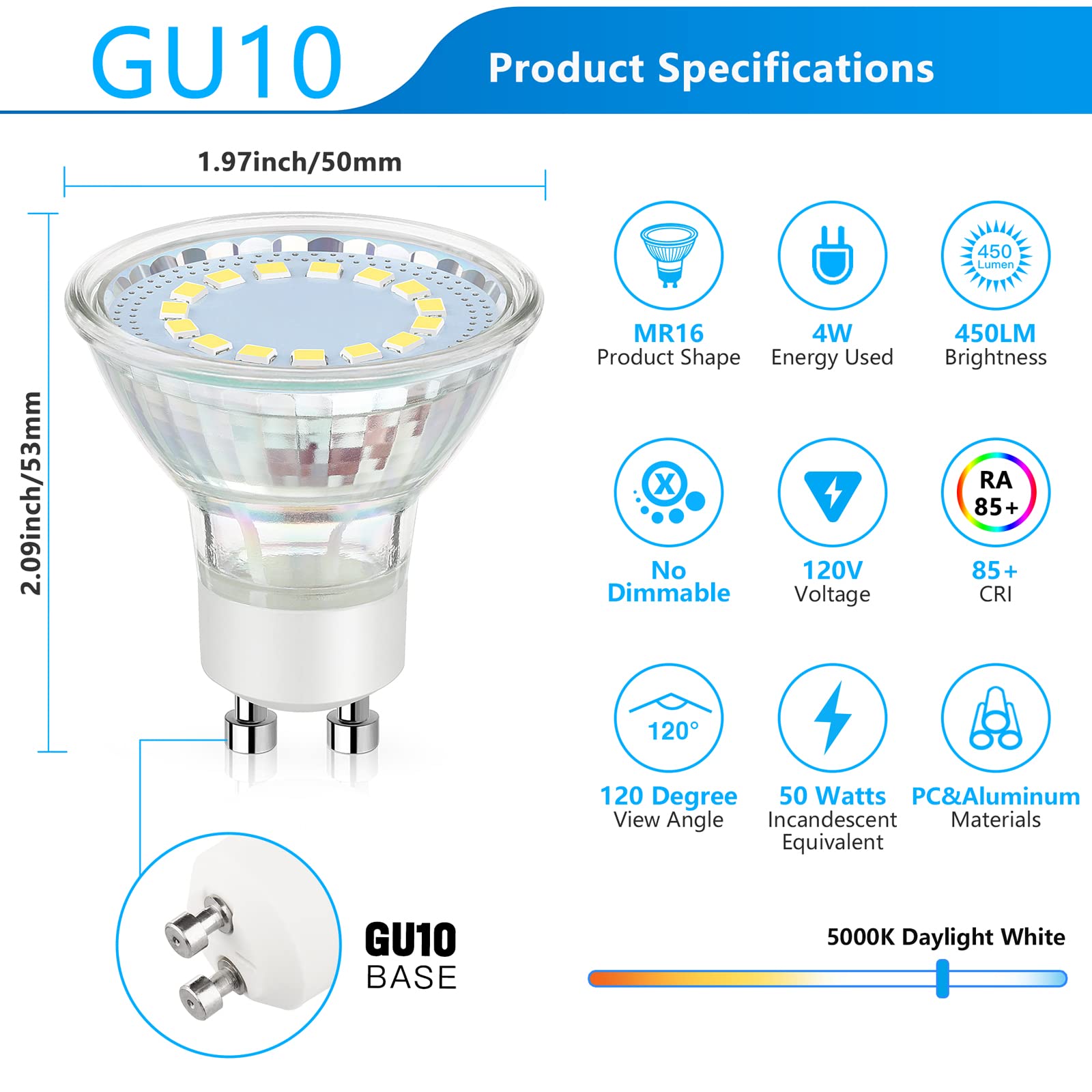 Maylaywood 4W Gu10 Led Bulb, 50W Halogen Equivalent, Daylight White 5000K,