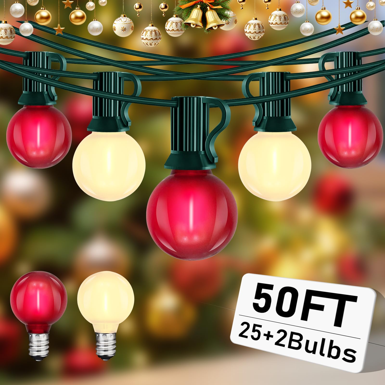 Abeja G40 Globe Patio String Light  50Ft G40 Red White String Lights with 27 G40 LED Bulbs(2 Spare)  Hanging Patio Globe String Light for Christmas Garden Holiday Party Decor-Green Line
