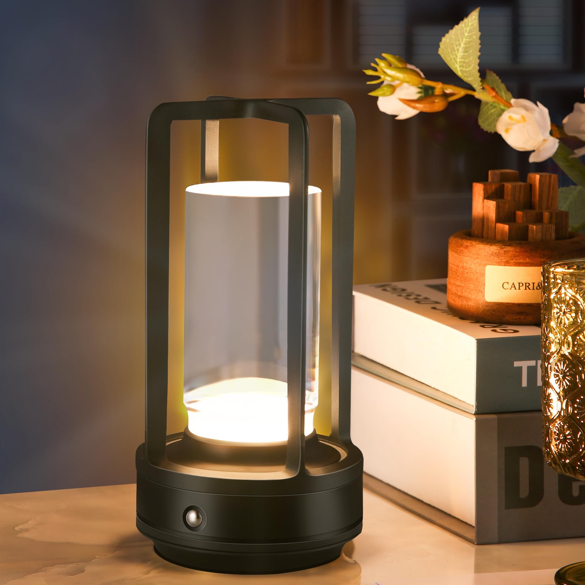 Grasomtools Portable Metal Table Lamp,Cordless Table Lamp, Rechargeable Battery Operated Lights, Led Table Lamps, 3 Color Stepless Dimming Touch, For Bedroom Restaurant Home Outdoor (Black)