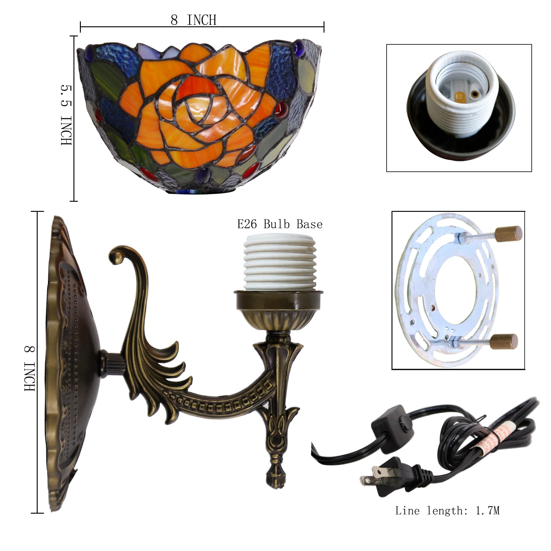 AVIVADIRECT Tiffany Wall Sconce Lamp, 8in Red Rose Stained Glass, Antique Bronze Base, 6ft Cord, Model W04, Middle Size