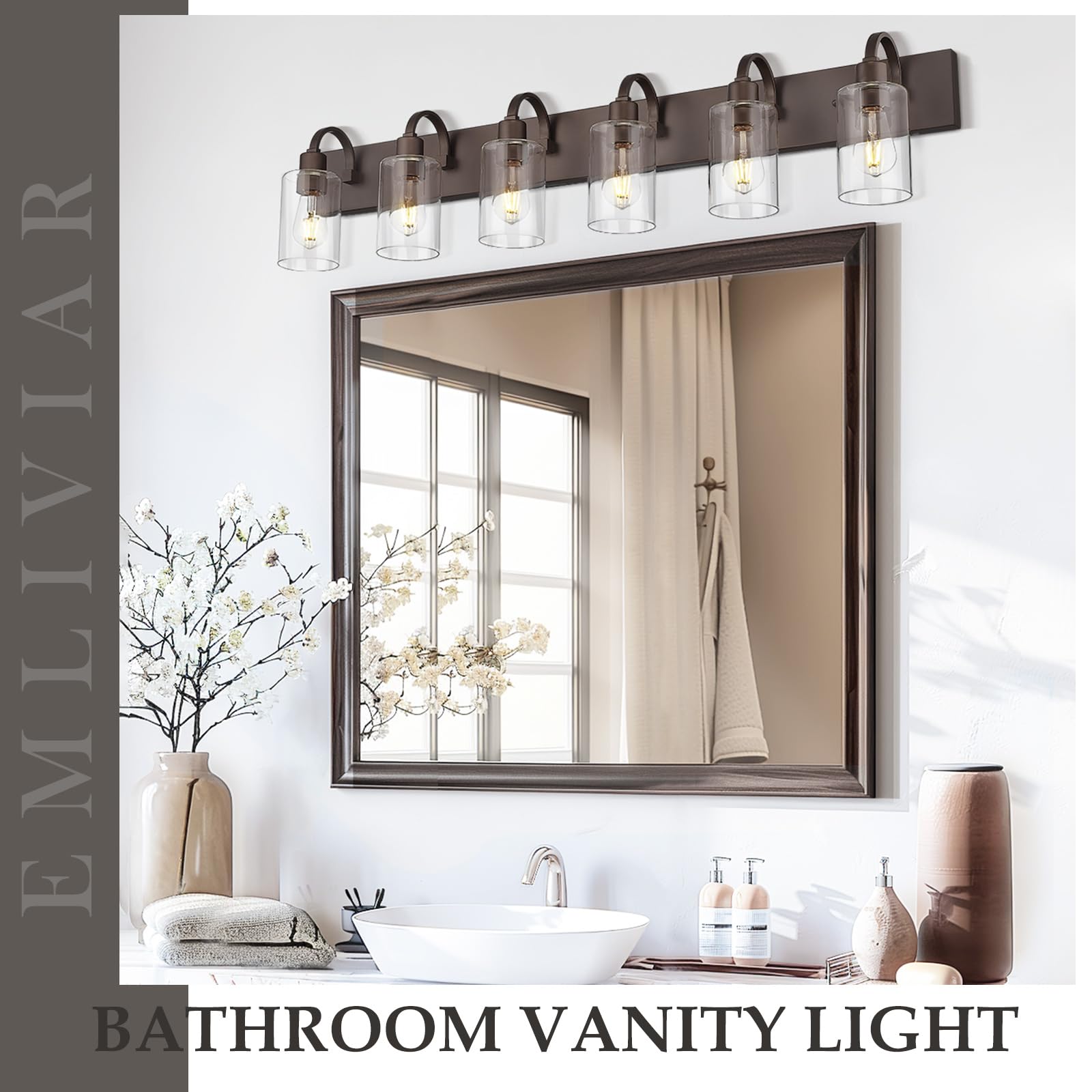 Emliviar 44.7" 6-Light Farmhouse Vanity Light, Oil Rubbed Bronze Wall Sconce With Clear Glass