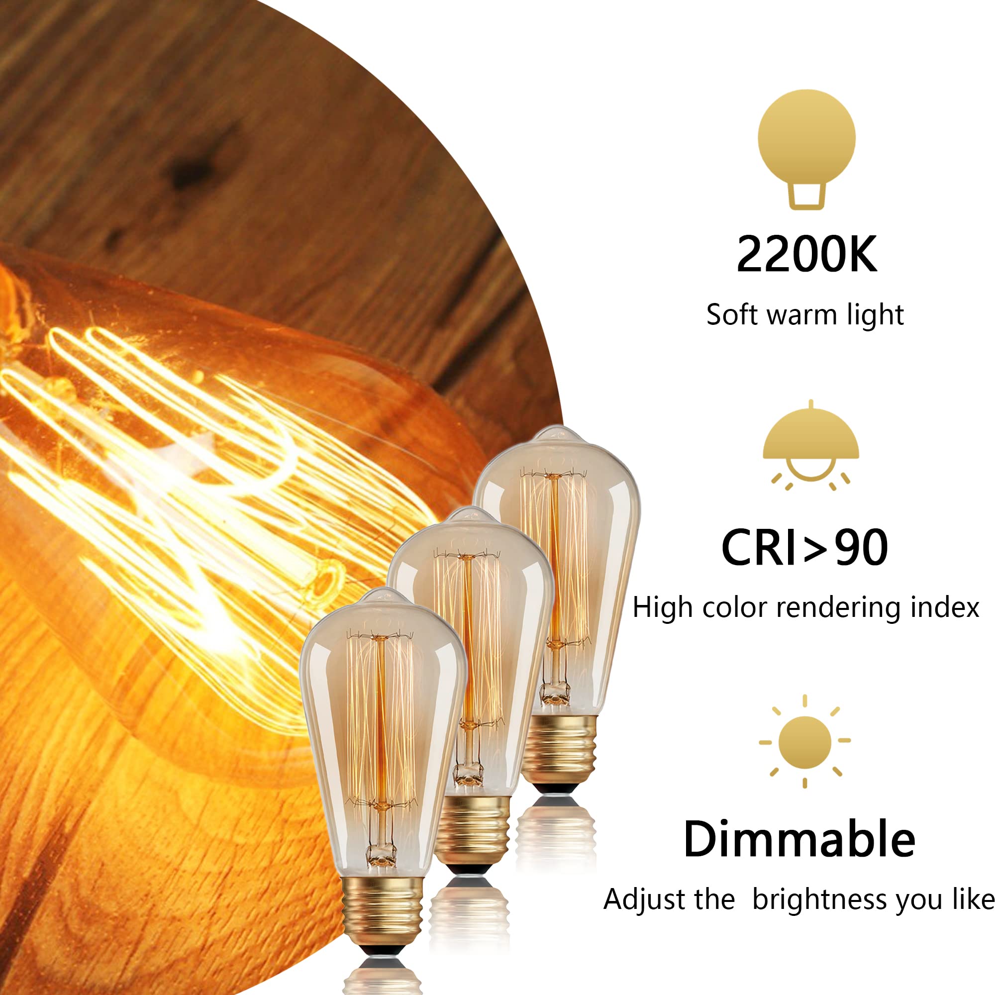 Kellarosses ST64 Edison Bulbs 40W 6-Pack, Dimmable, 2200K Warm Amber, E26/E27 Dual Base, Glass, 2500Hrs