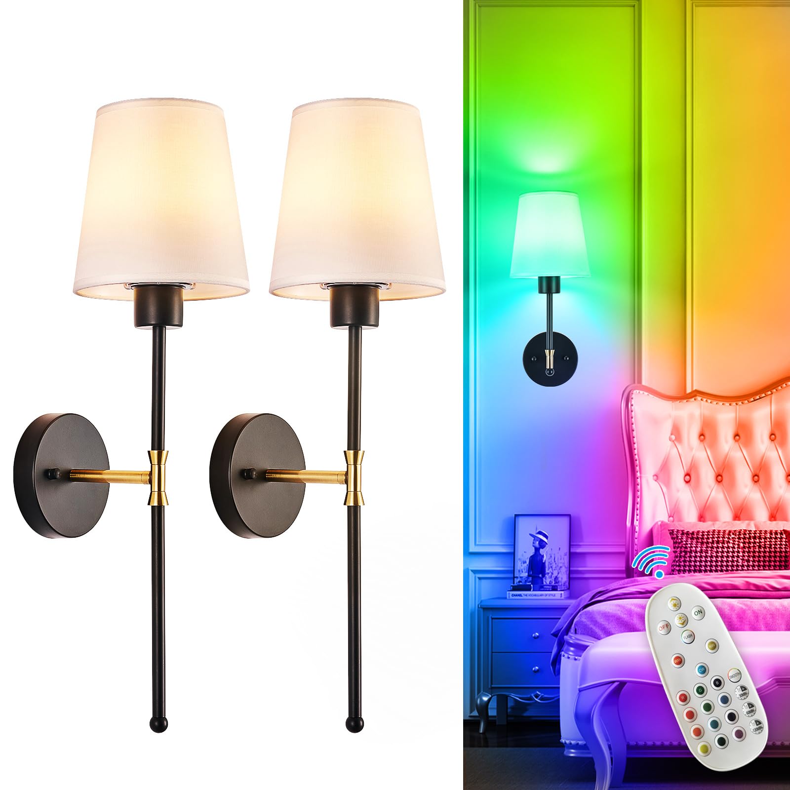 Depuley Wall Sconce Set of 2, Wireless Battery Operated, Rechargeable, 24 Inch, Black and Gold, Model WS-FPPS-24A
