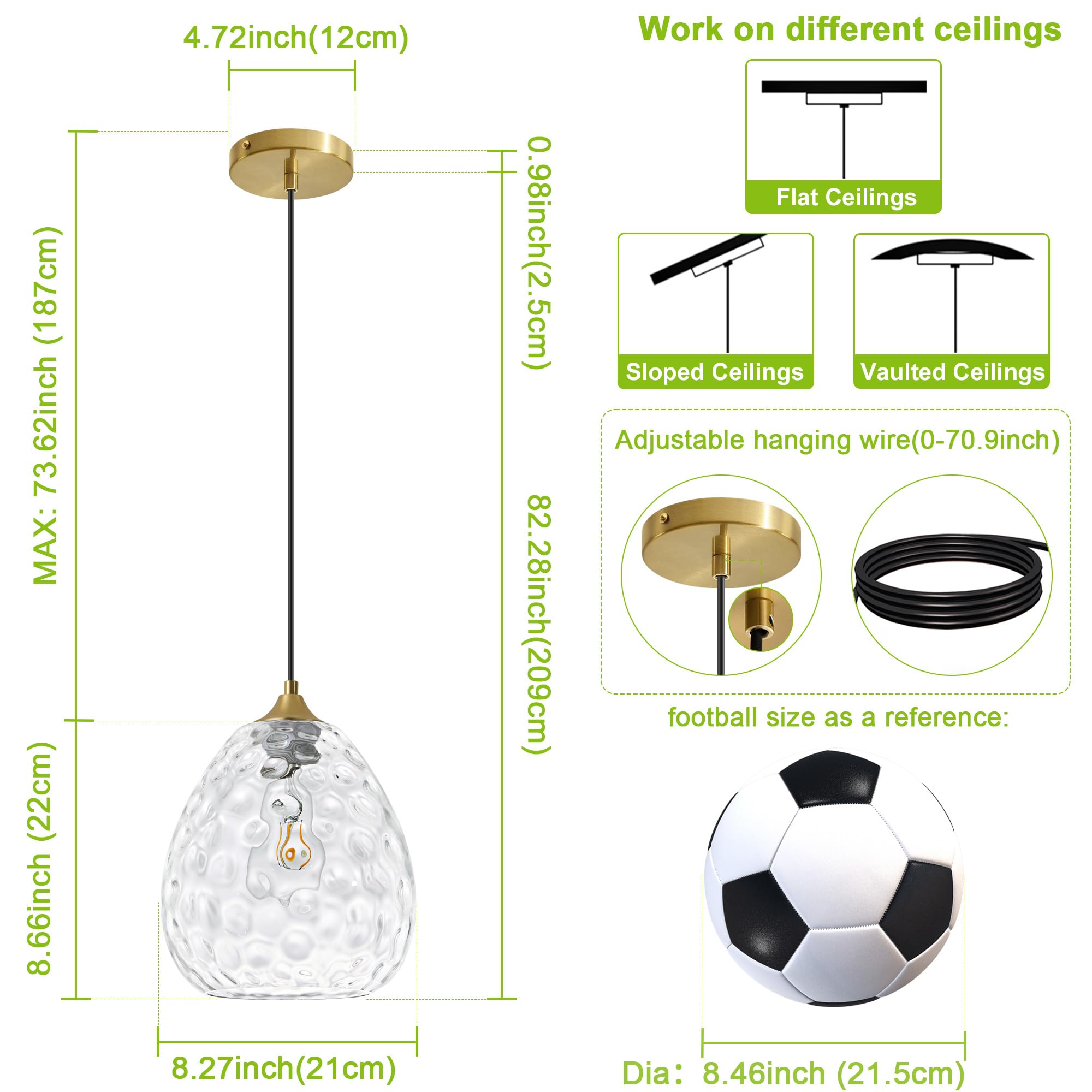 Deyidn Glass Pendant Light, Brass Gold, Hammered Glass Shade, Modern Design, 8.27in , Model 2560, 1 Pack