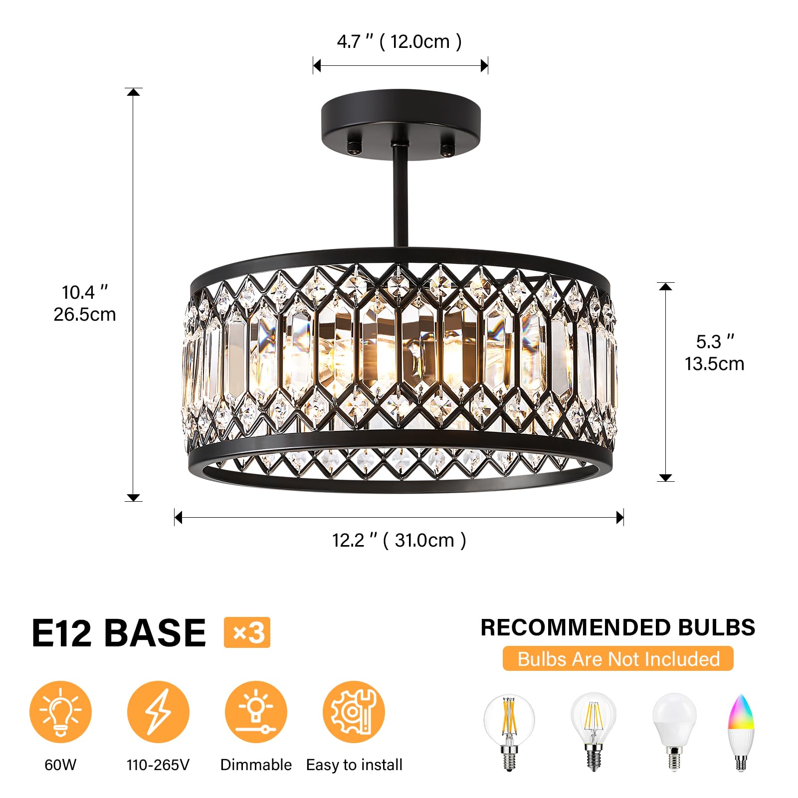 Yurnyq Crystal Ceiling Light Fixture, Modern Semi Flush Mount Ceiling Light, Black Lighting Chandelier For Kitchen, Bedroom, Din