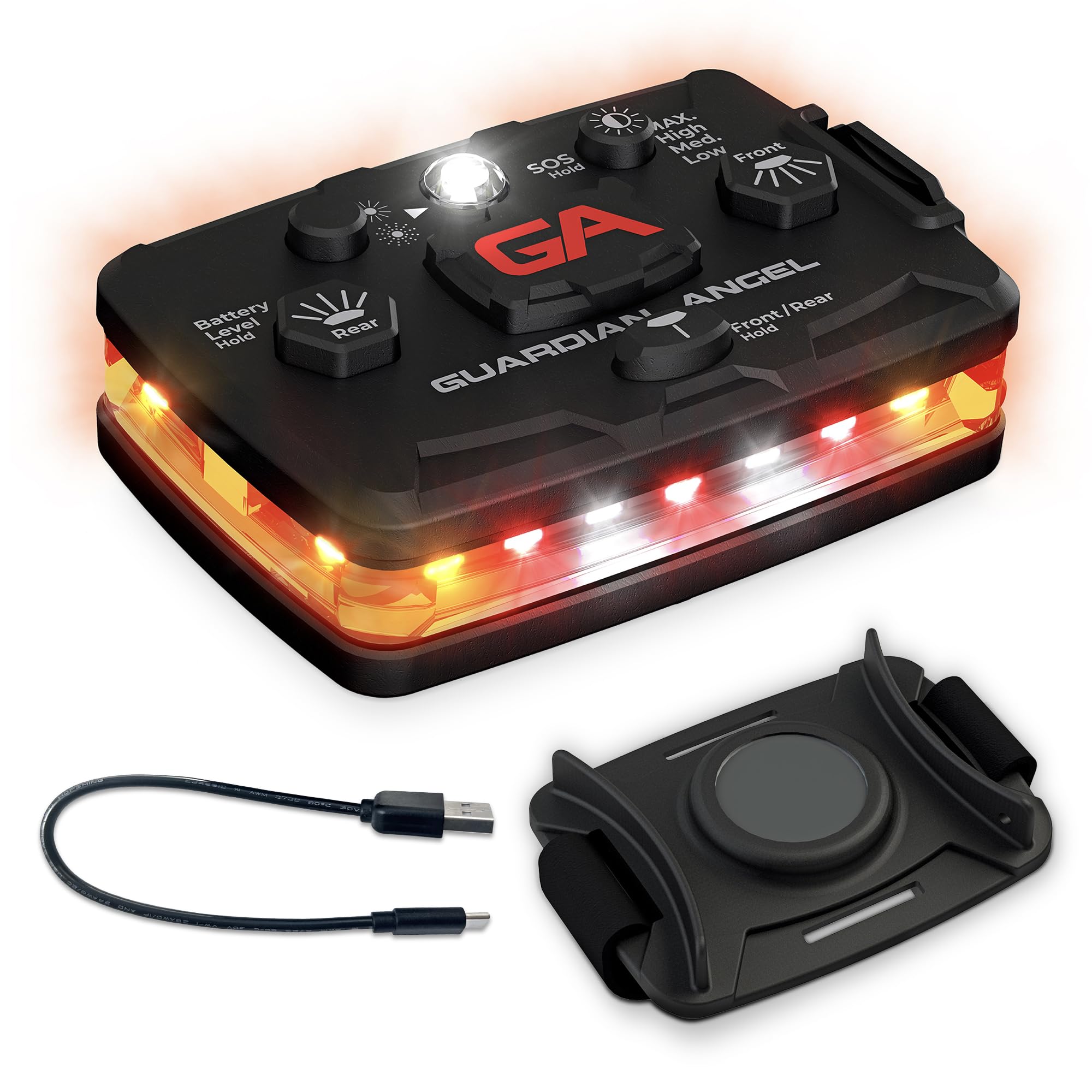 Guardian Angel Elite Series Safety Light (Orange/White/Red Front & Orange Rear) - Rechargeable, Magnetic, Hands-Free Wearable LE