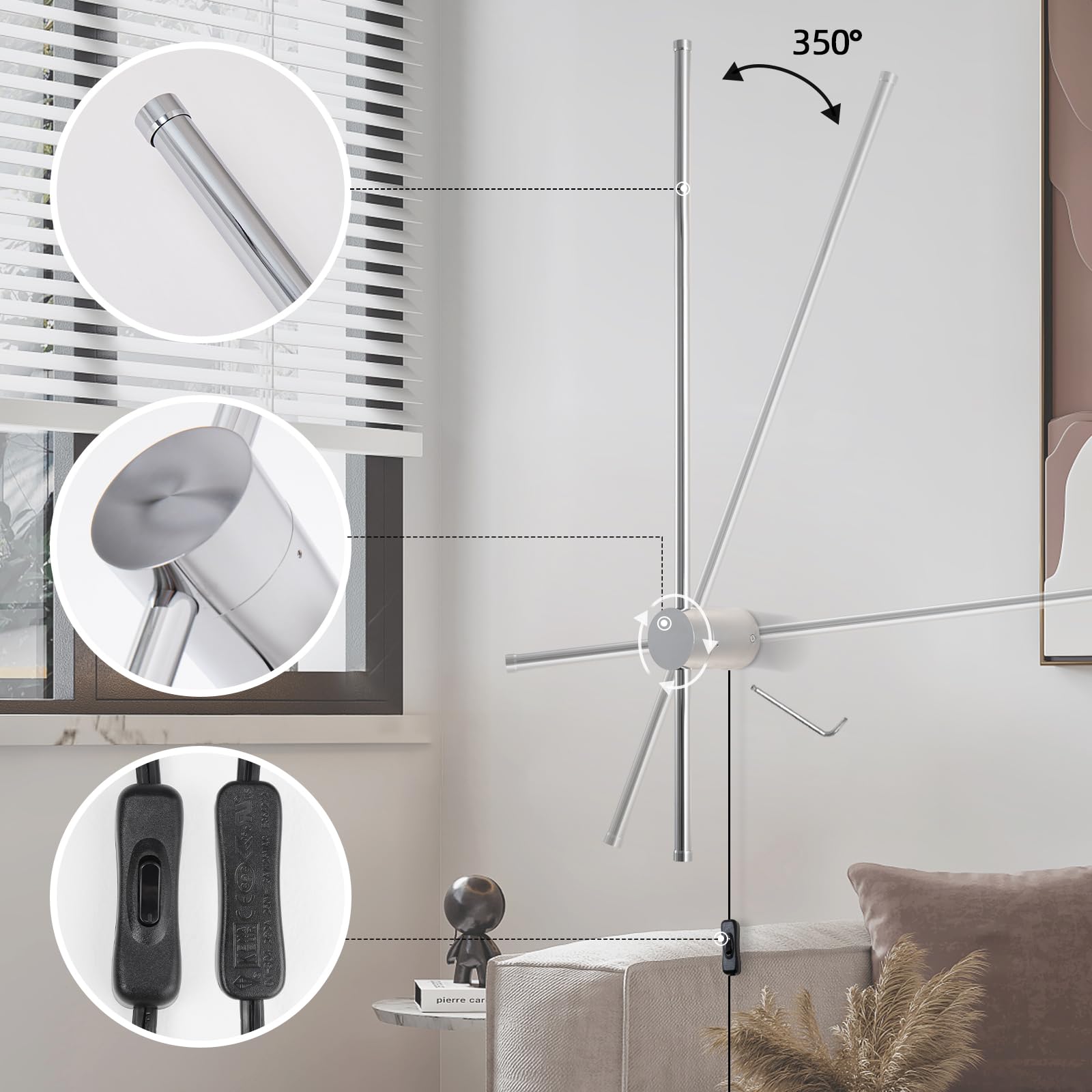 Keluoly Modern Chrome Plug In Wall Sconce With Remote, Dimmable 31.5" Led Wall Sconces Set Of Two With Memory Function, Adjustable Color Temperature Brightness, Timer, 350° Rotate, Hardwire Or Plug-In