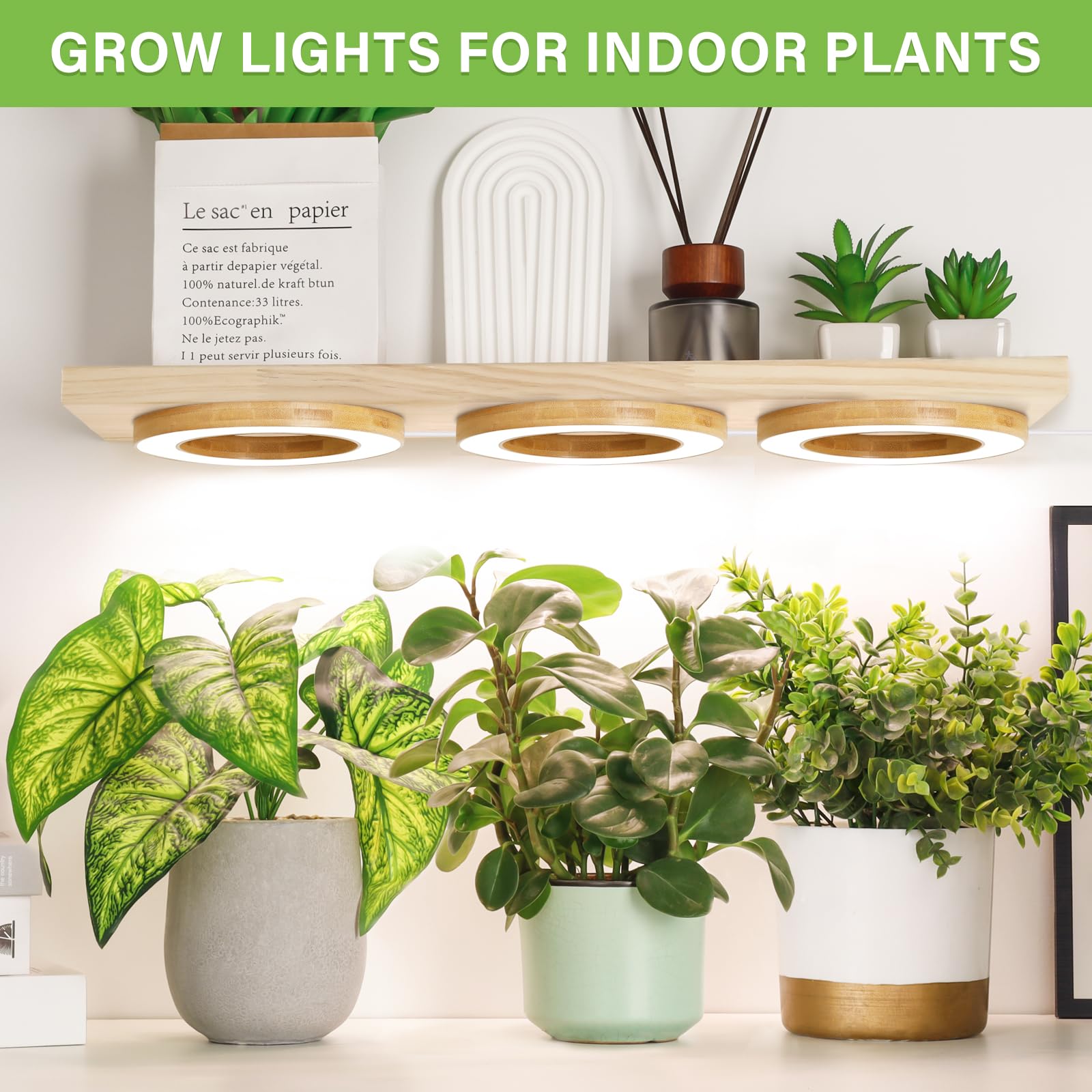 Lordem 6.3&quot; Bamboo Ceiling Grow Lamp For Indoor Plants, 216 Leds Full Spectrum Halo Plant Light, Under Cabinet Grow Lights With 4/8/12H Auto Timer Switch Modes, 4 Dimmable Brightness Levels, Tri Head
