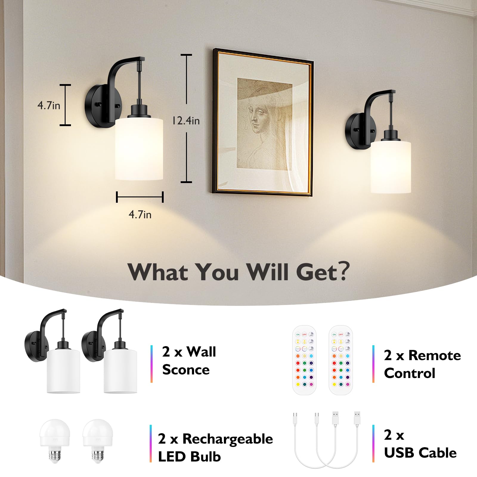 Battery Operated Wall Sconce Set Of 2, Wireless Rechargeable Wall Lights, Glass Wall Lamps With Remotes And Dimmable Rgb Led Bulbs, No Wiring Indoor Sconces Wall Decor For Bedroom Living Room Hallway