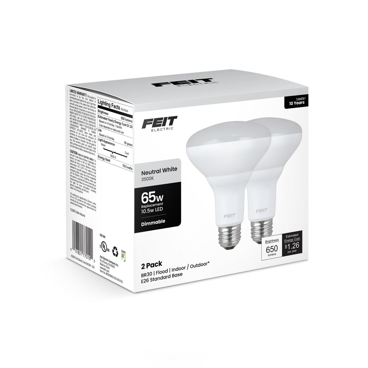 Feit Electric Br30 Led Flood Light Bulb, 65W Equivalent, Dimmable, 650 Lumens, 3500K Neutral White, E26 Base, 11,000-Hour Lifesp