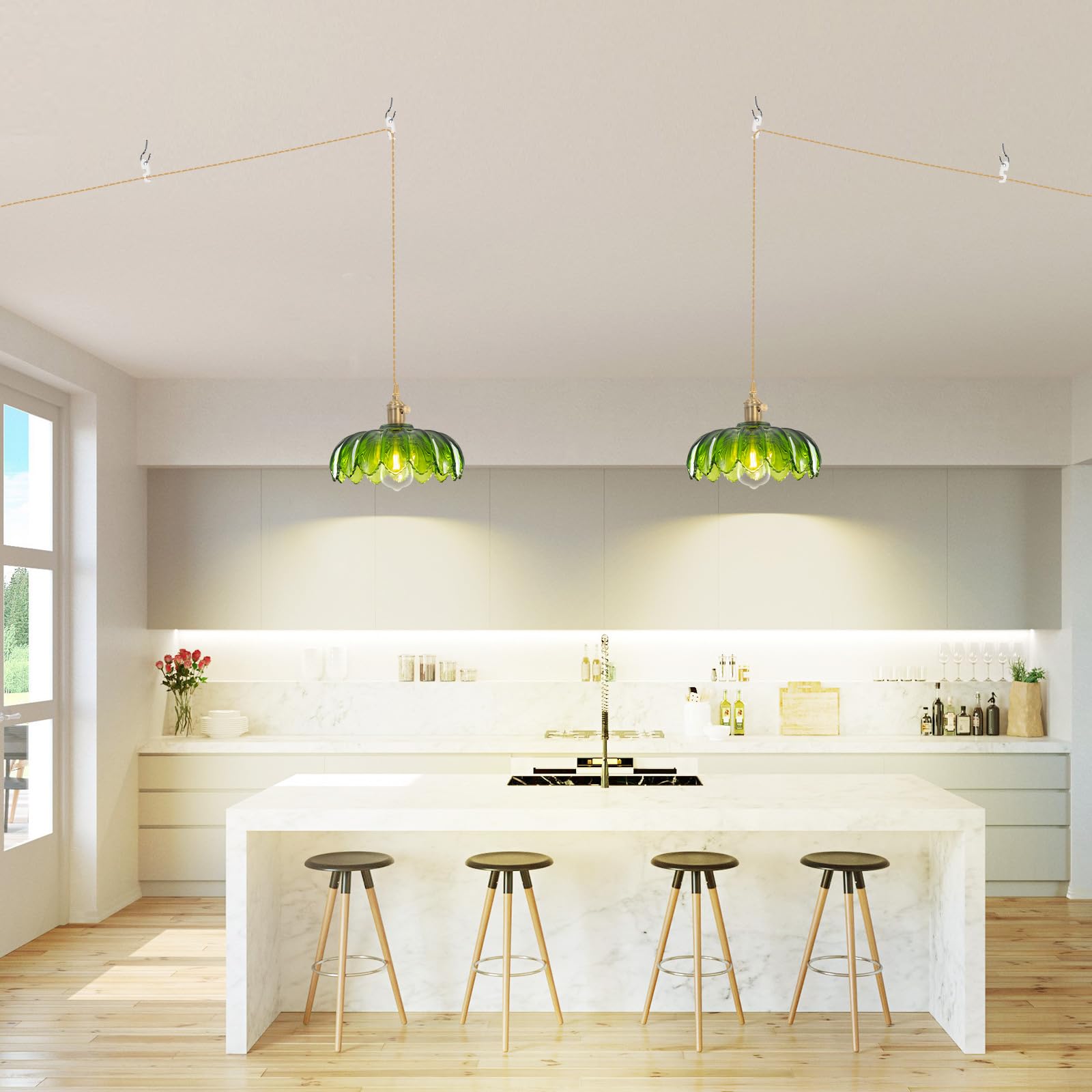Beser·Win Green Glass Pendant Light - E26 Hanging Fixture with Plug-in Cord for Kitchen, Bedroom, Dining Room - Model PDL-006