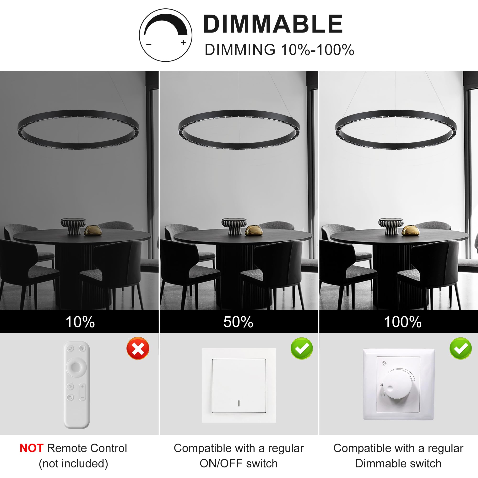 Sunmoo Black Modern Led Chandelier 1-Ring Circular Pendant Light 6000K 36W Dimmable Hanging Light Fixtures For Dining Room Kitch