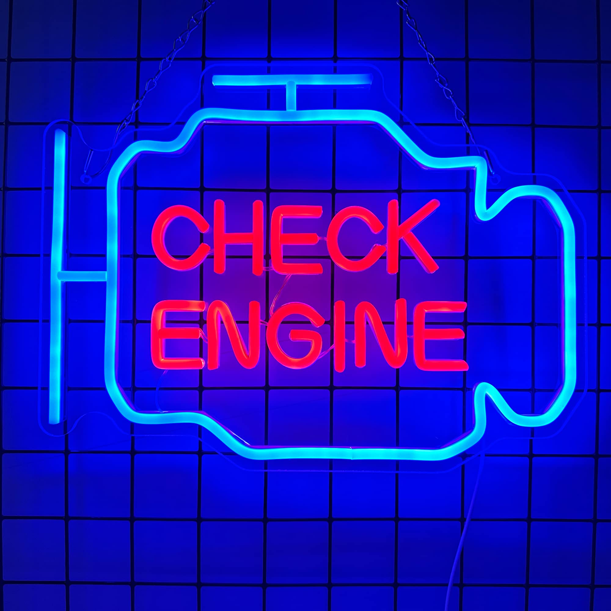 Abooly LED Neon Sign, Check Engine Wall Decor, Acrylic, 15.7x11.8in, Red+Blue