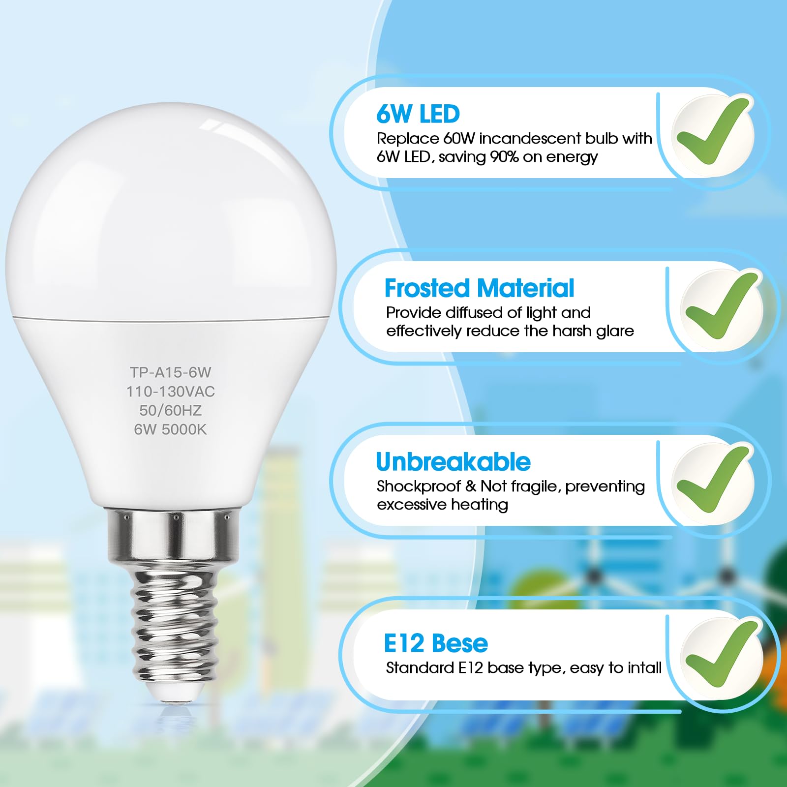 Maxvolador E12 Led 60W Equivalent Daylight White 5000K Ceiling Fan Bulbs, 600Lm Cri 85+ Small Base Candelabra Bulbs, 6W Non-Dimm