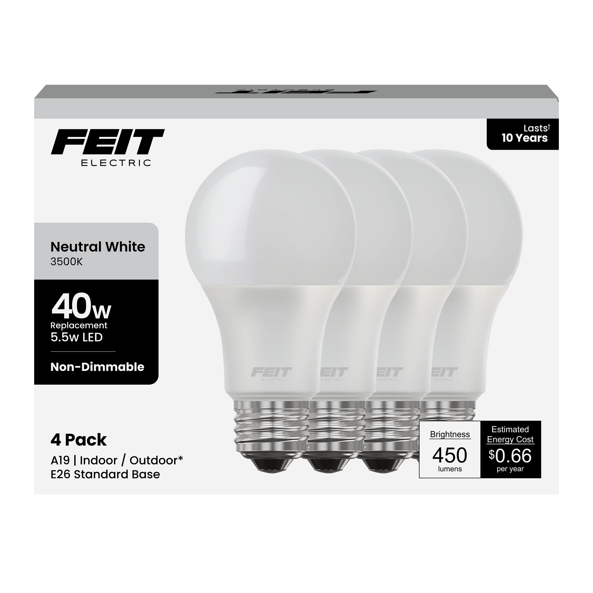 Feit Electric A19 Led Light Bulb, 40-Watt Equivalent, 3500K Neutral White, E26 Base, 450 Lumens, 11,000-Hour Lifespan, General-P