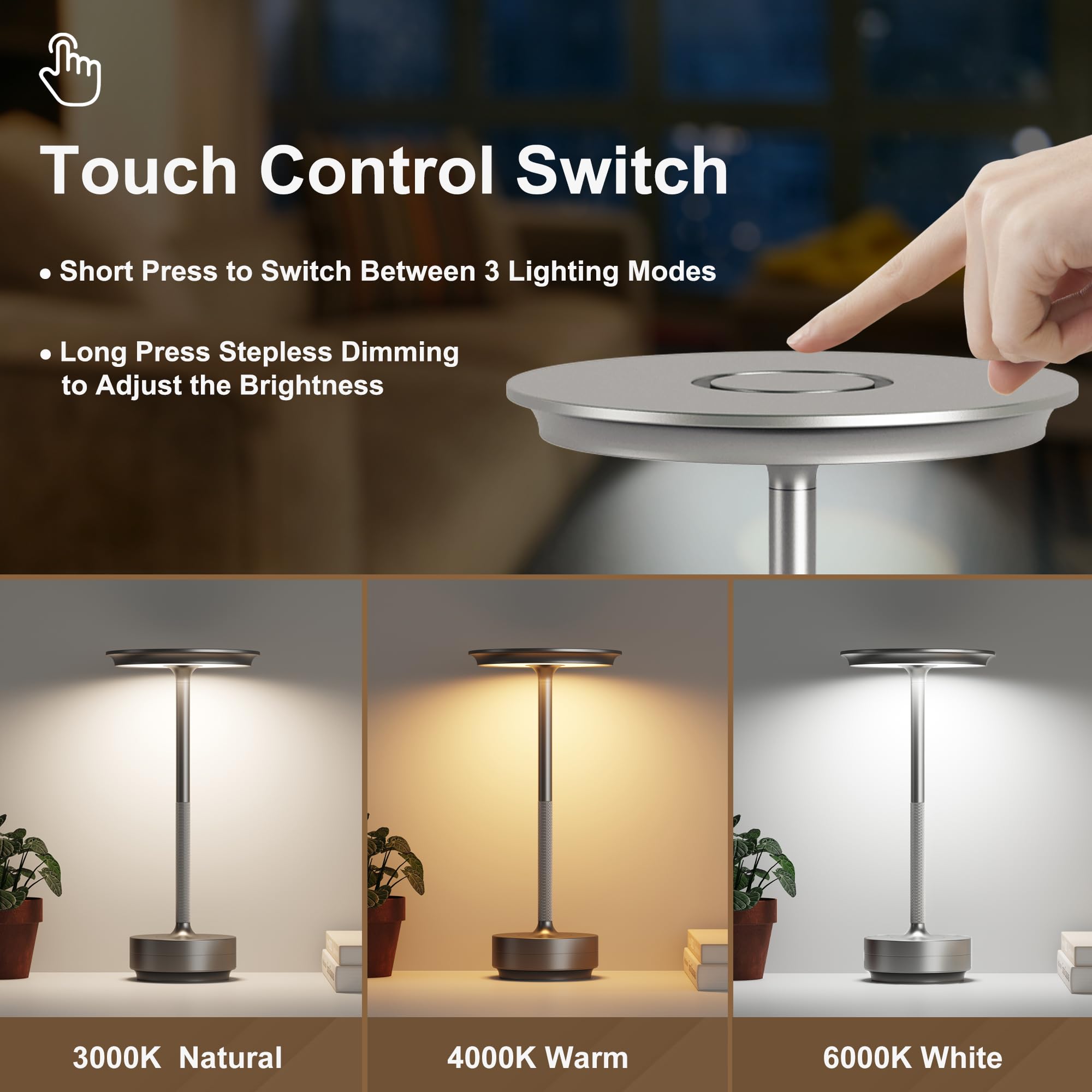 FDIDC Rechargeable 2 Pack Cordless Table Lamps, 5000mAh Portable LED Table Light, 3 Color Stepless Dimming Battery Powered Metal