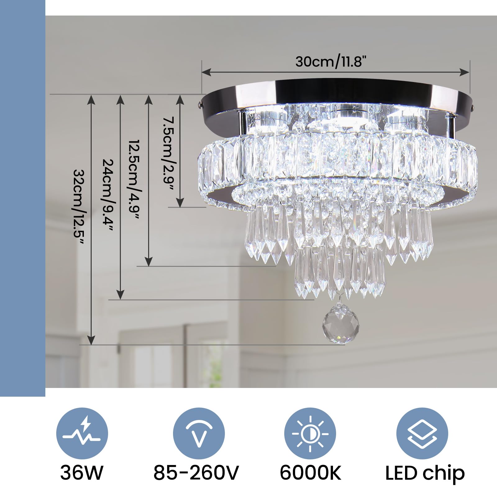 Leontyne 11.8 Inch Crystal Chandeliers Modern Crystal Ceiling Light Led Chandeliers Semi Flush Mount Chandelier Light For Bedroo