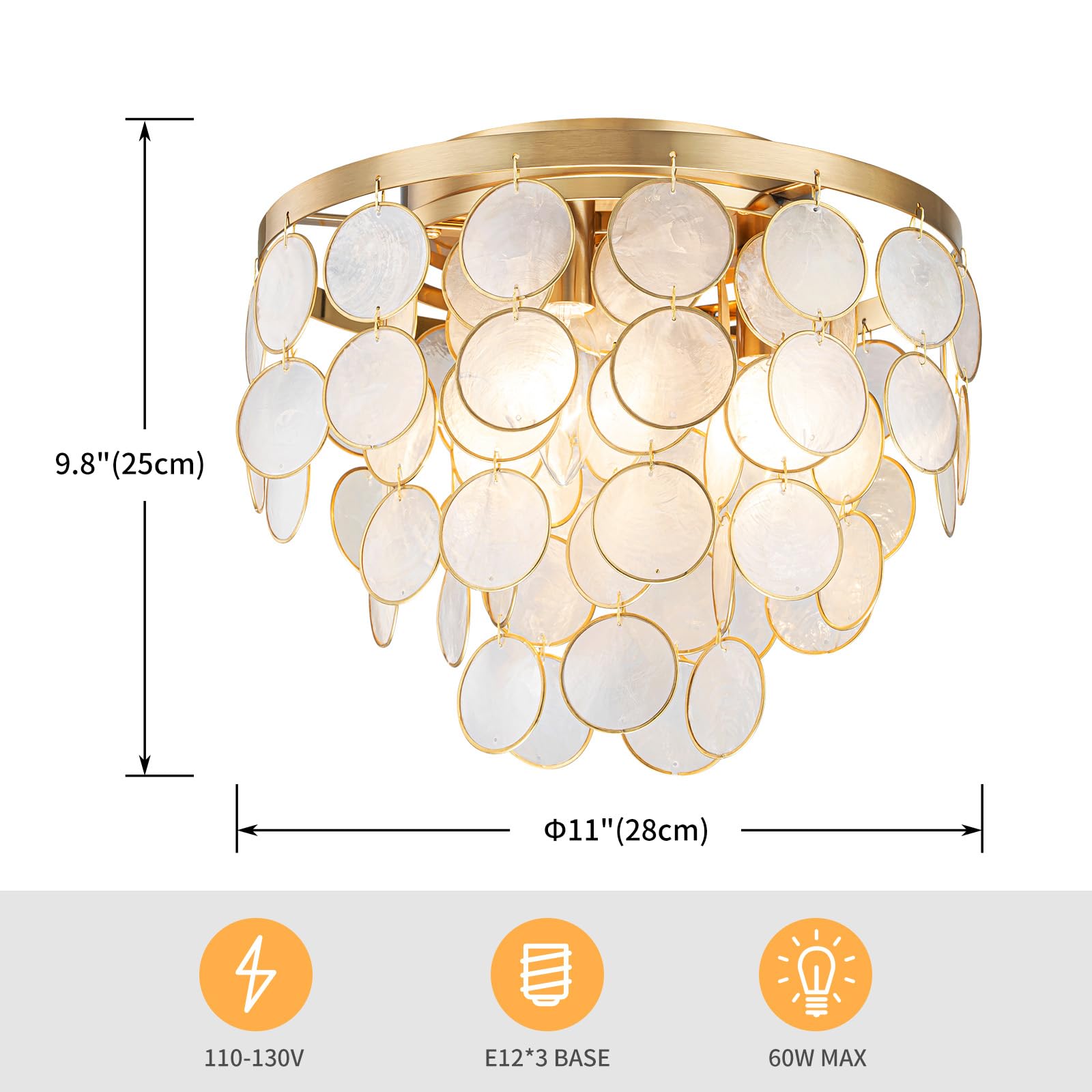 Lumfurn 3-Lights Capiz Shell Ceiling Light, Coastal Design Flushmount Light Fixture For Dining Room, Living Room, Bedroom, True