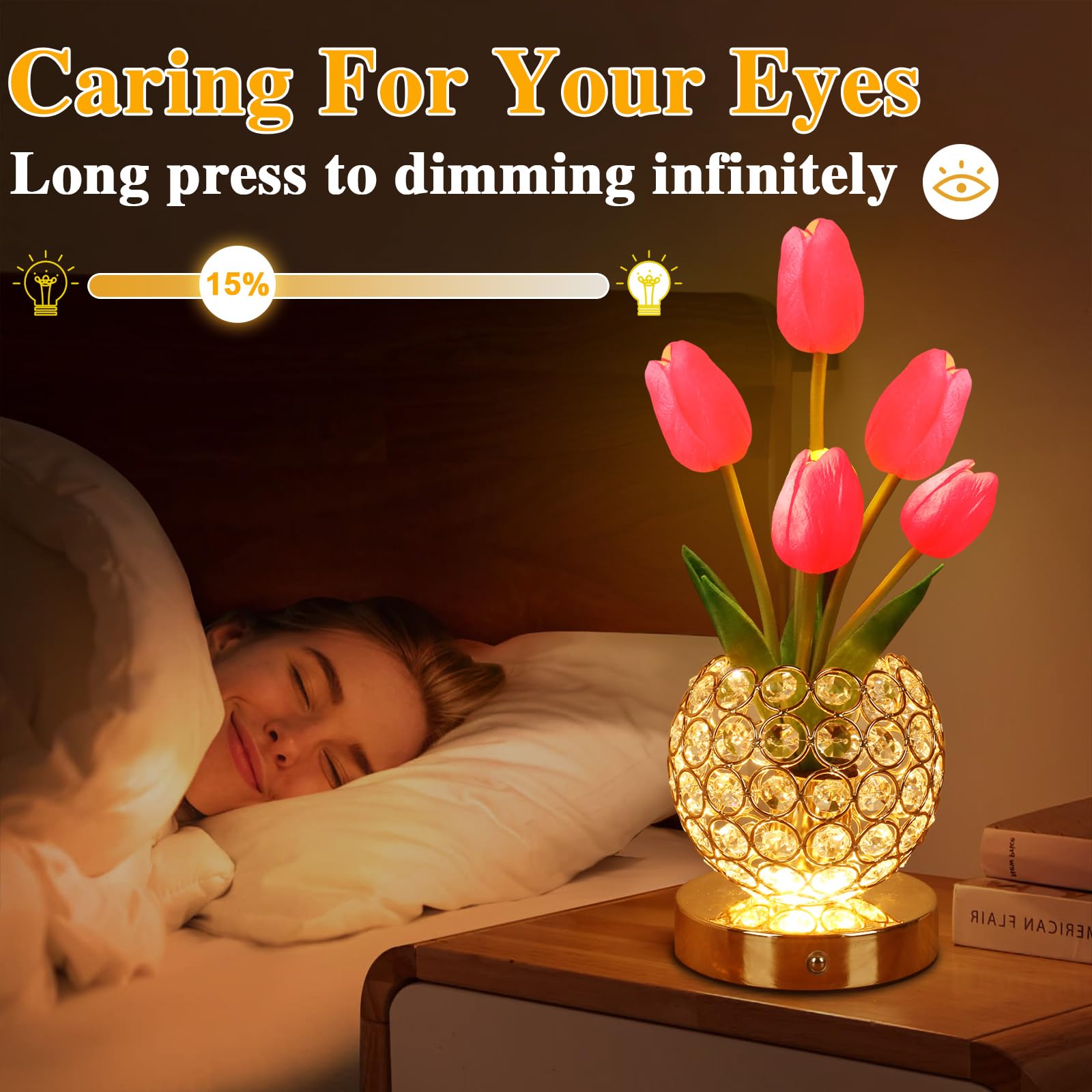 Mothers Day Gifts/Birthday Gifts For Women/Mom Table Lamp, 3 Color Crystal Flower Bedside Lamps Infinitely Dimming With Usb Char
