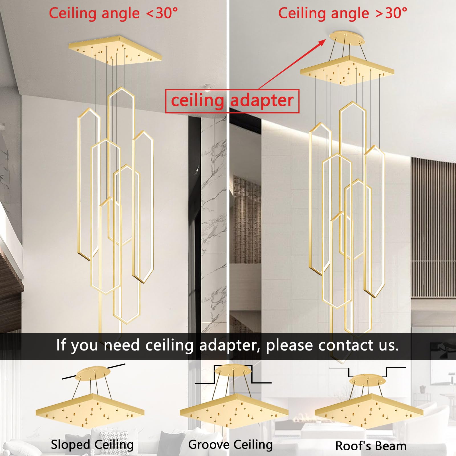 dolria 6-Rings Chandelier, Gold LED Flush Mount Light, 40in x 9.4in x 138in, Dimmable with Remote Control, Modern Design for High Ce
