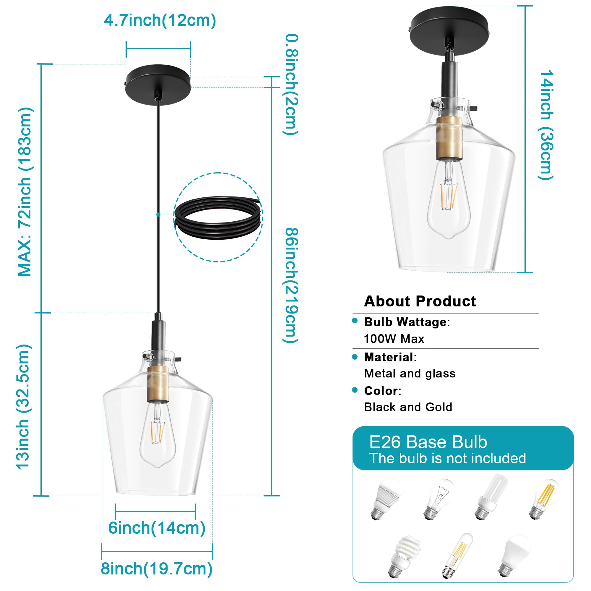 Vaziden Modern Glass Pendant Lighting For Kitchen Island, Farmhouse Black And Gold Pendant Light Fixtures 1 Pack, Adjustable Han