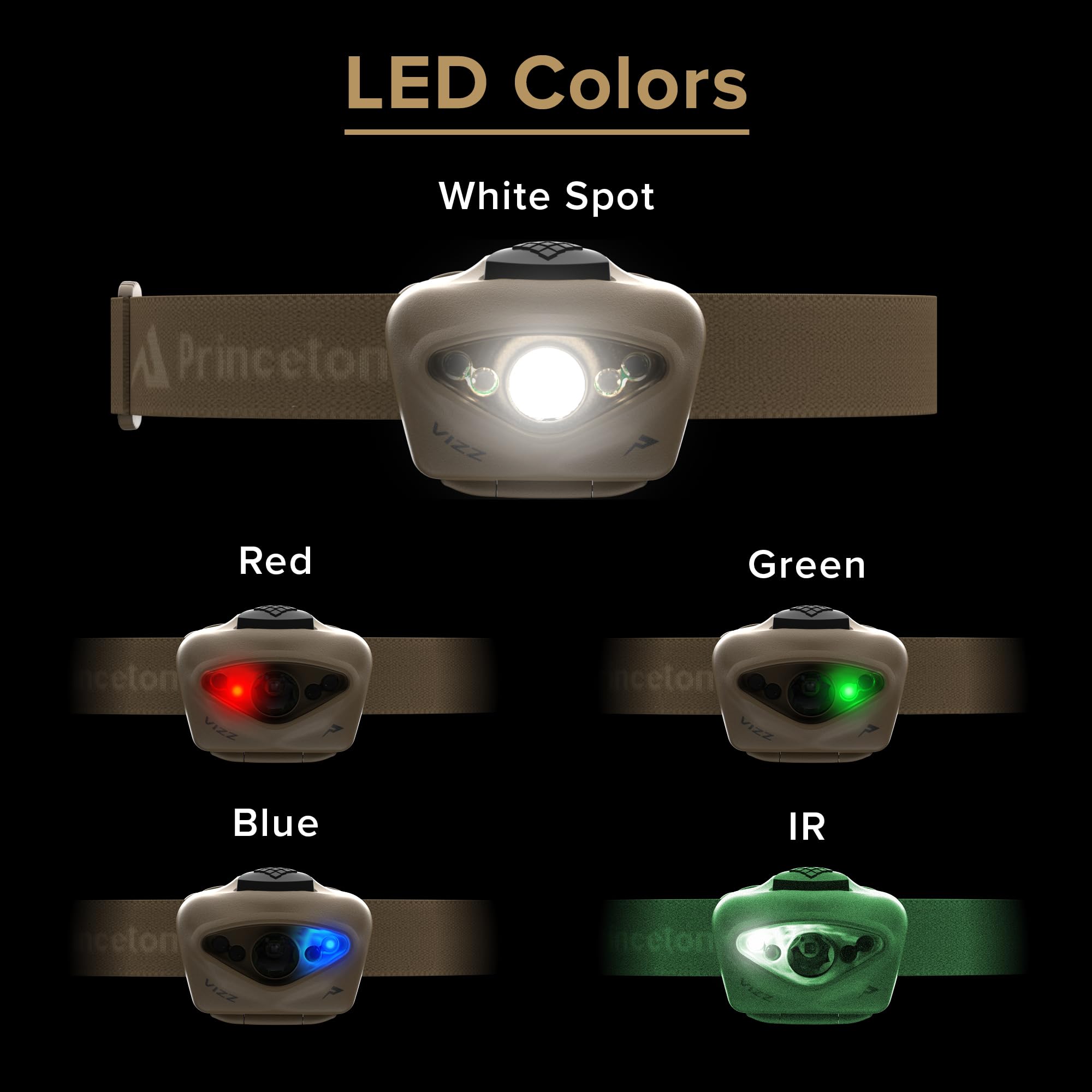 Princeton Tec Vizz Headlamp 550 Lumen Dimmable LED, IPX7 Water Resistant, One Size, Tan, Model VIZZ-TAC-TN