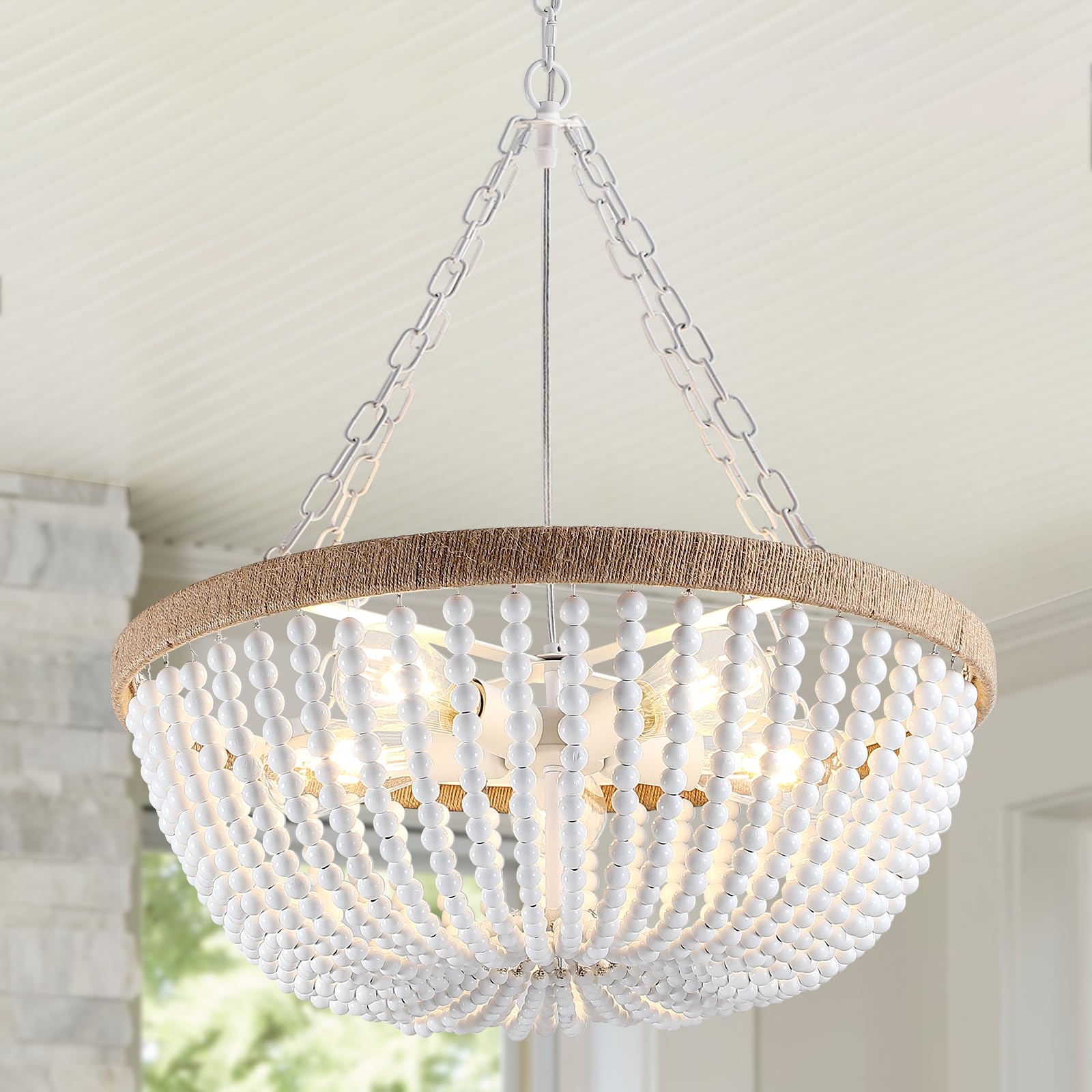 Tewei Bohemia Wood Beaded Chandelier - 5 Lights Farmhouse Flush Mount Pendant Light, Oak White