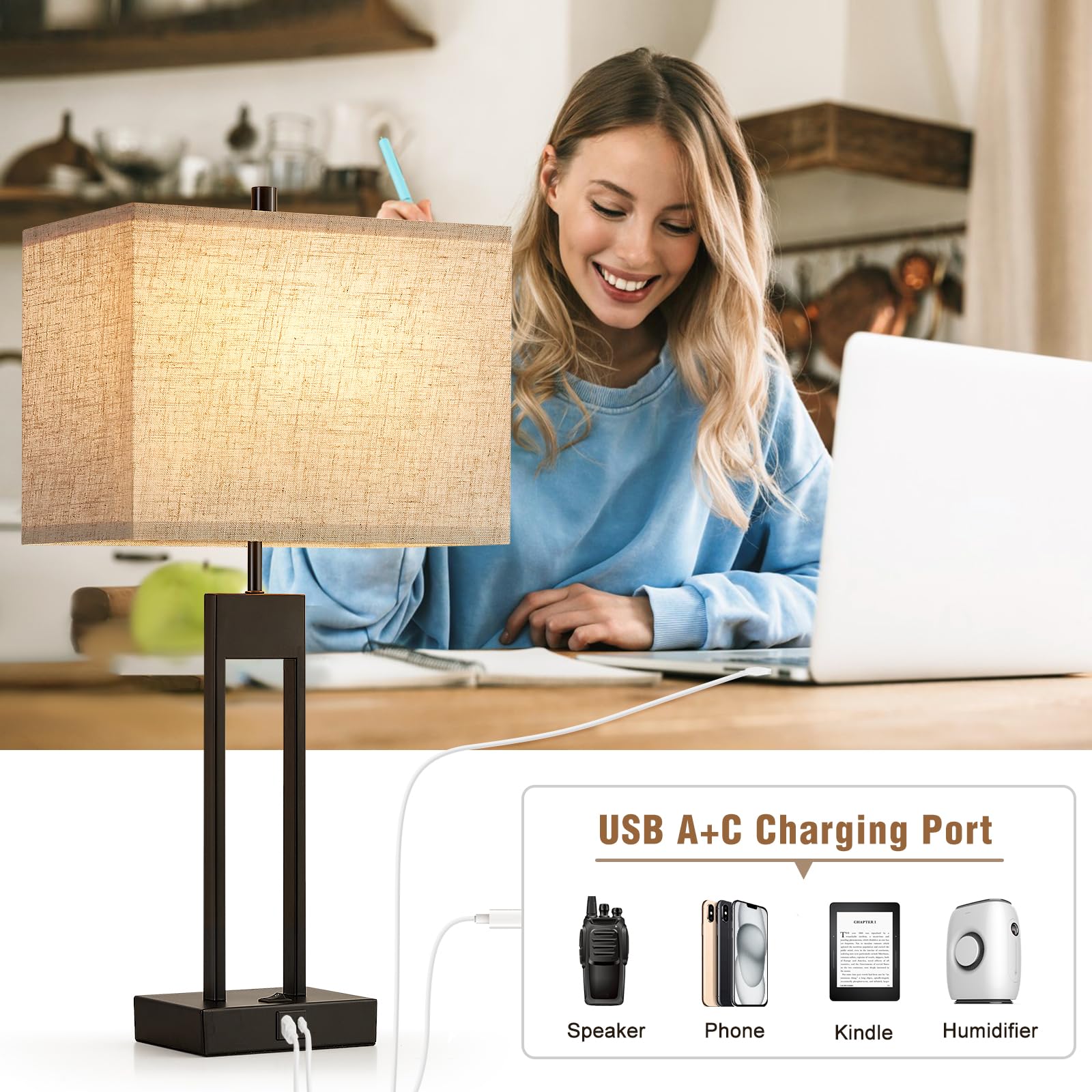 25.5’’ Nightstand Table Lamps For Bedrooms Set Of 2, Bedside Lamp With Usb C+A, 3 Colors Changeable Living Room Lamps For End Tables, Modern Night Stand Lamps For Bed Side Guest Room Office Reading