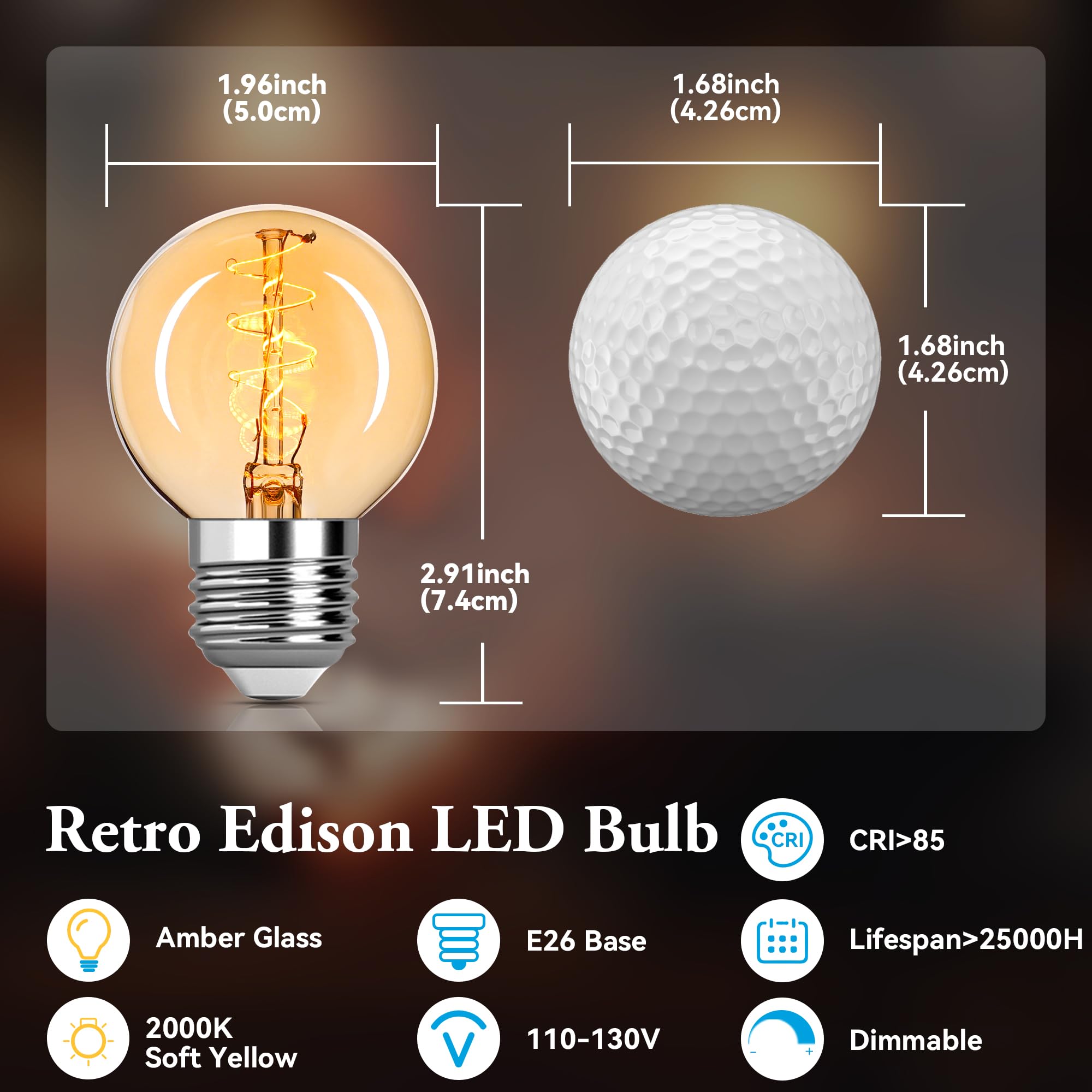 Vintage Led Edison Bulb Equal 25W Amber Light Bulbs 2000K Soft Yellow Light Bulb, Super-Thin Spiral Filament Incandescent Warm L