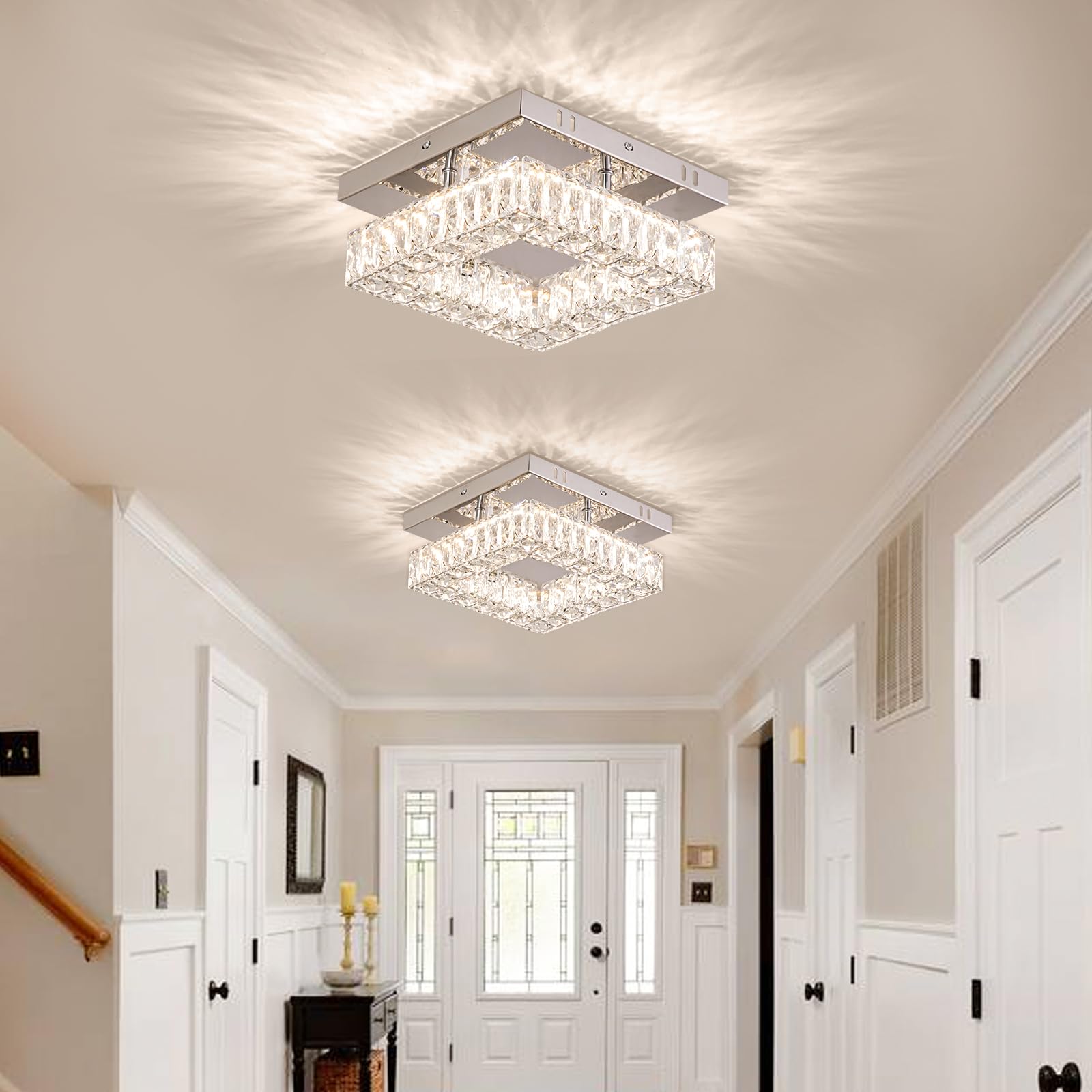 Ypqxyhda Dimmable Crystal Chandelier Led Ceiling Light With Remote Flush Mount Small Chandelier For Hallway Foyer Kitchen Stair