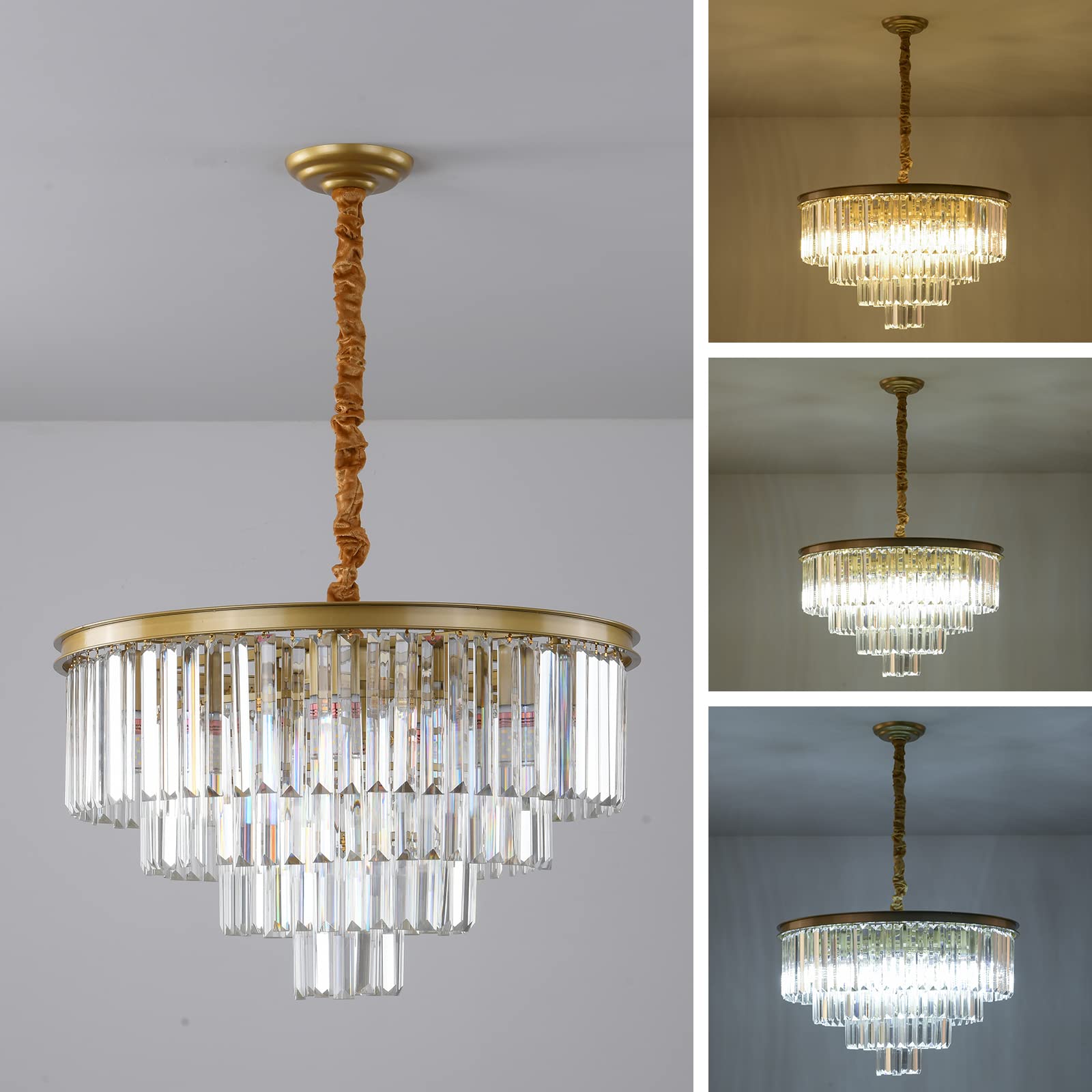 Laiuetai Gold Modern Crystal Chandelier  4-Tier Round Flush Mount Ceiling Light Fixtures Height Adjustable Pendant Lighting For Dining Room Living Room Bedroom Kitchen Hotel Foyer