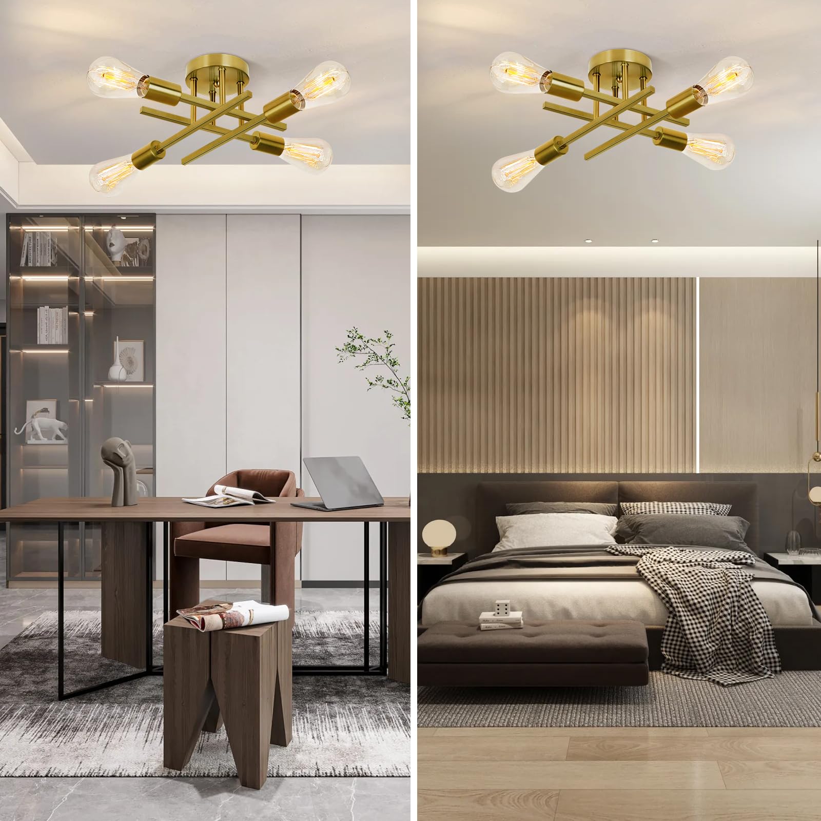 Ceiling Light  Dining Room Light Fixture With E26 Base  Semi Flush Mount Ceiling Light Fixture  Kitchen Lighting Fixtures Ceiling  4-Light Matte Gold Chandelier For Bedroom